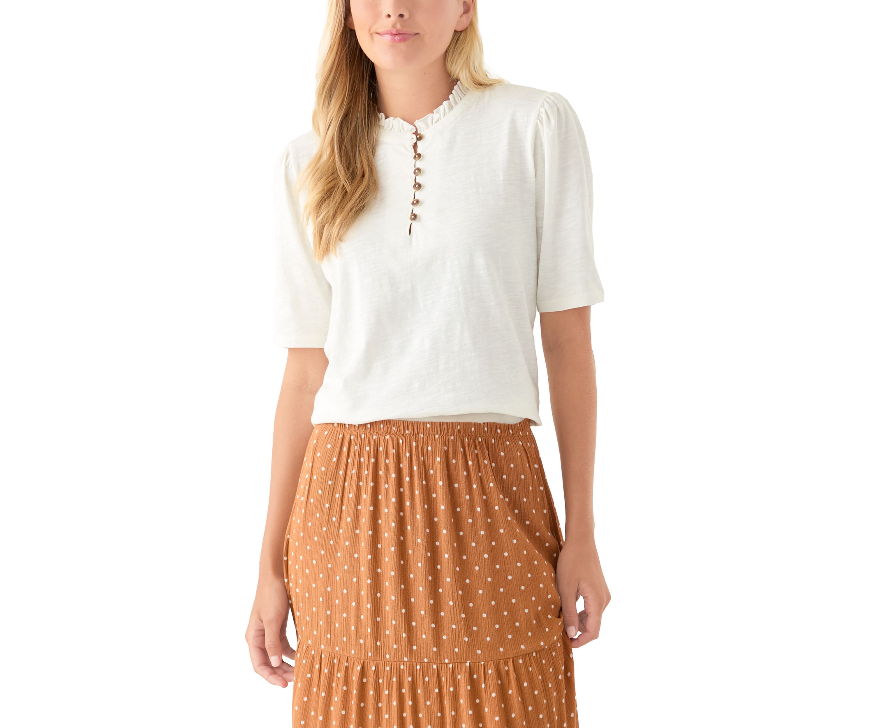 Womens Button Front Ruffle Neck Top