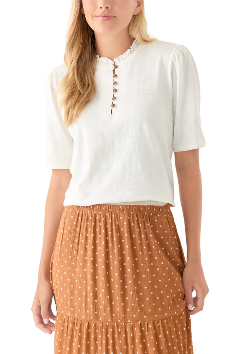Womens Button Front Ruffle Neck Top