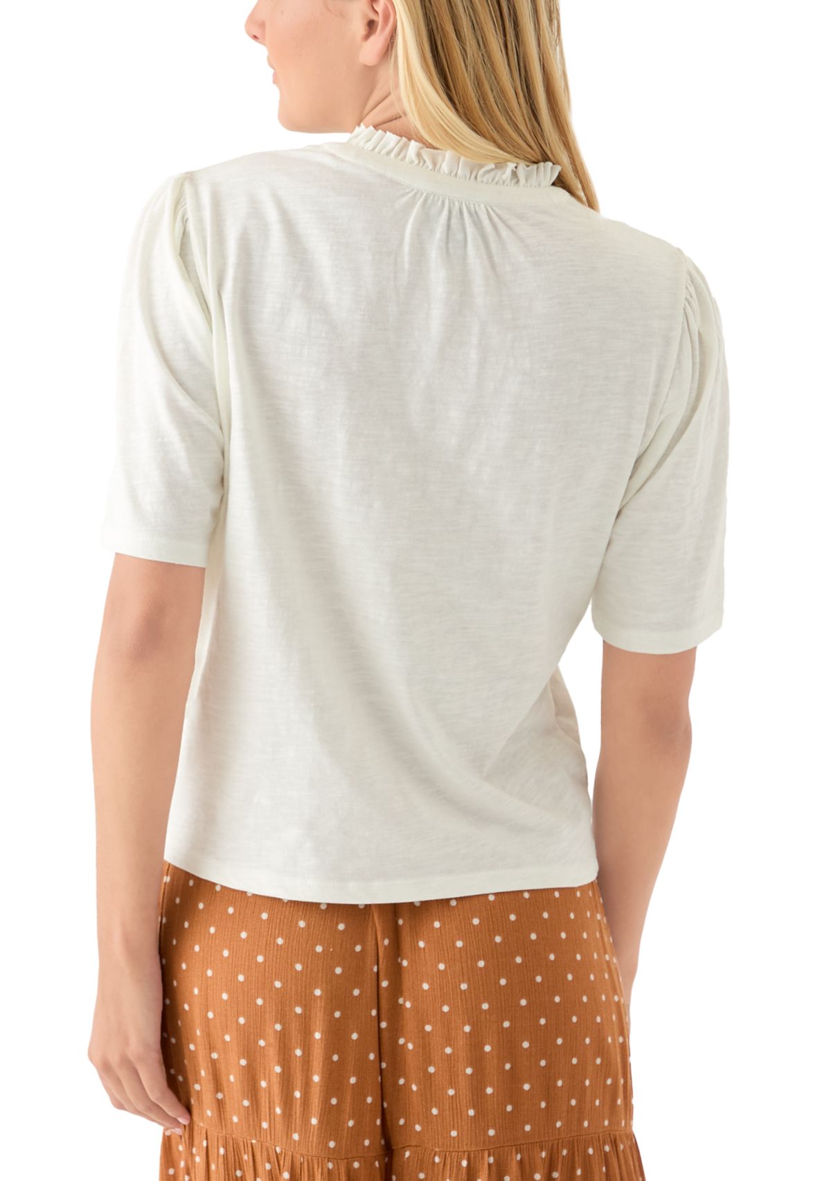 Womens Button Front Ruffle Neck Top