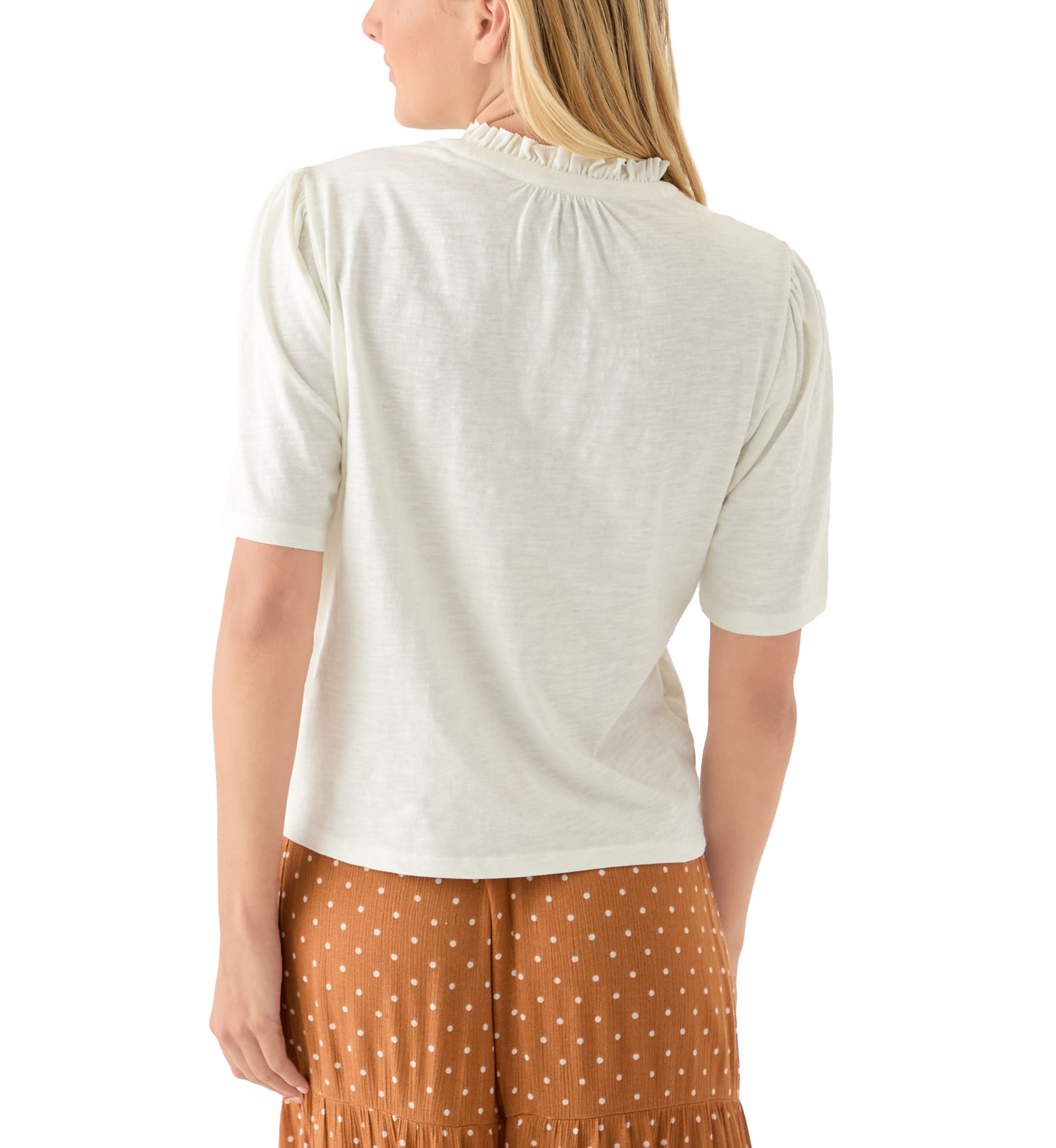 Womens Button Front Ruffle Neck Top