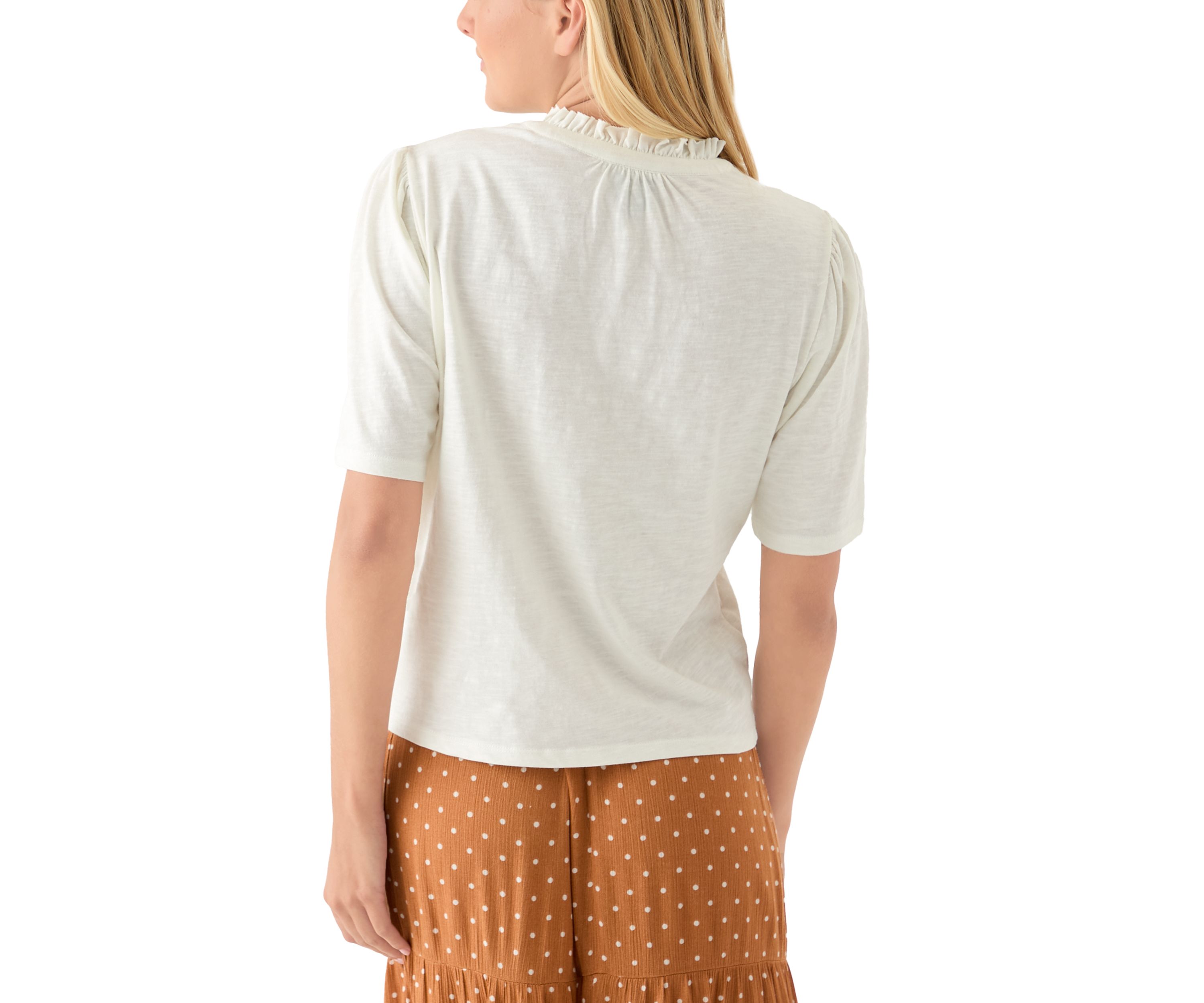 Womens Button Front Ruffle Neck Top