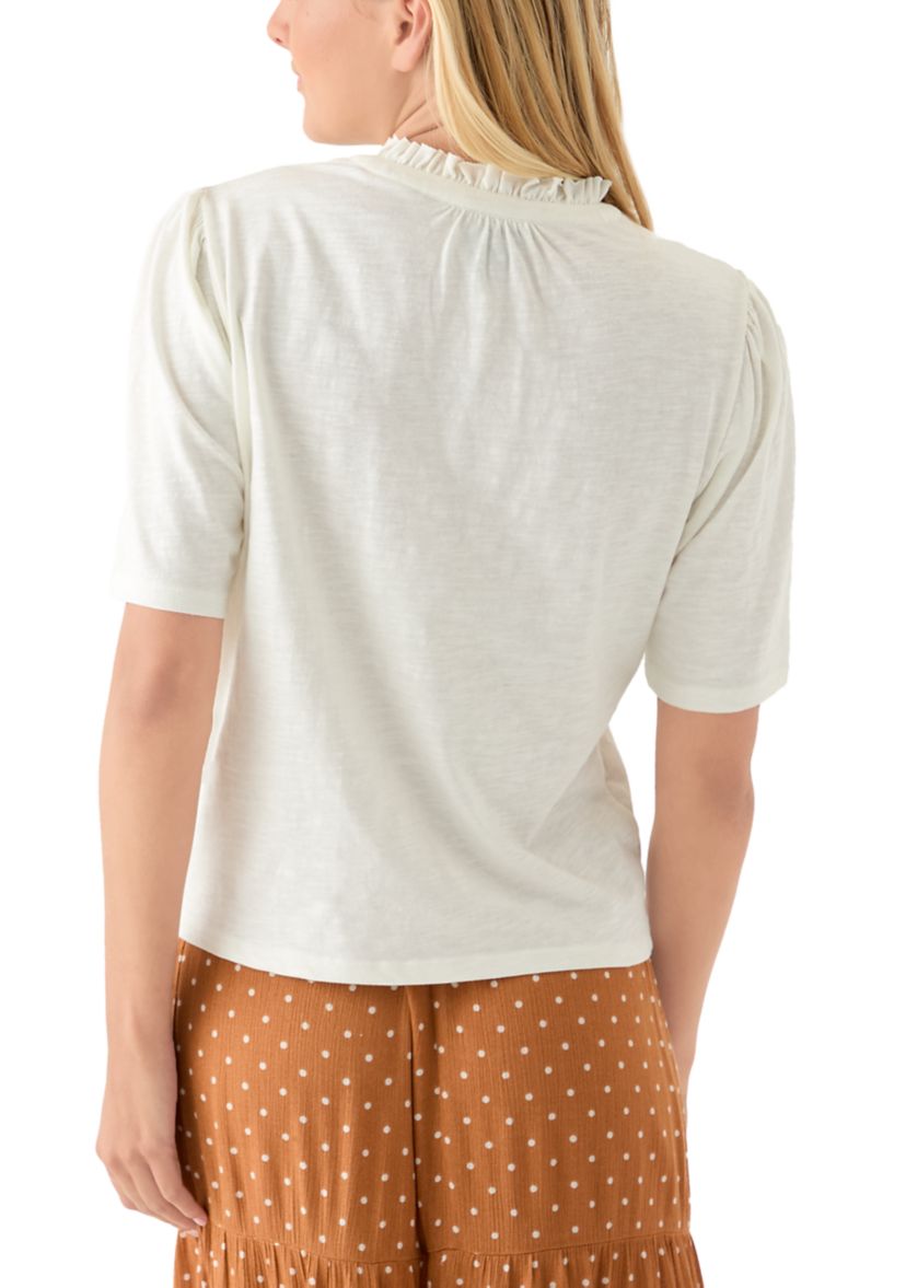 Womens Button Front Ruffle Neck Top