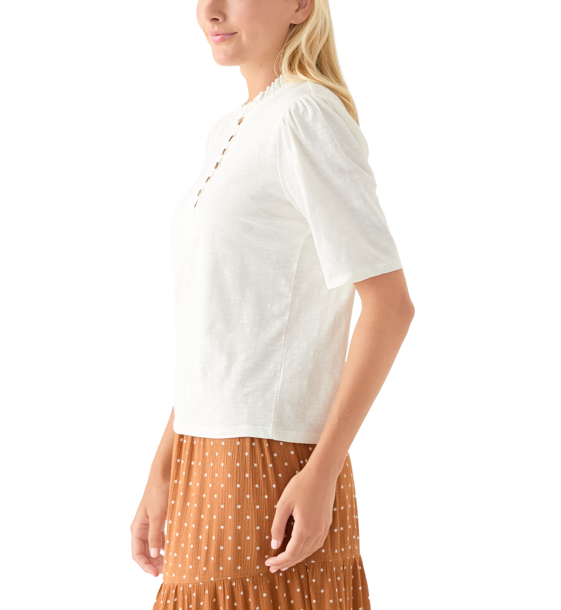 Womens Button Front Ruffle Neck Top