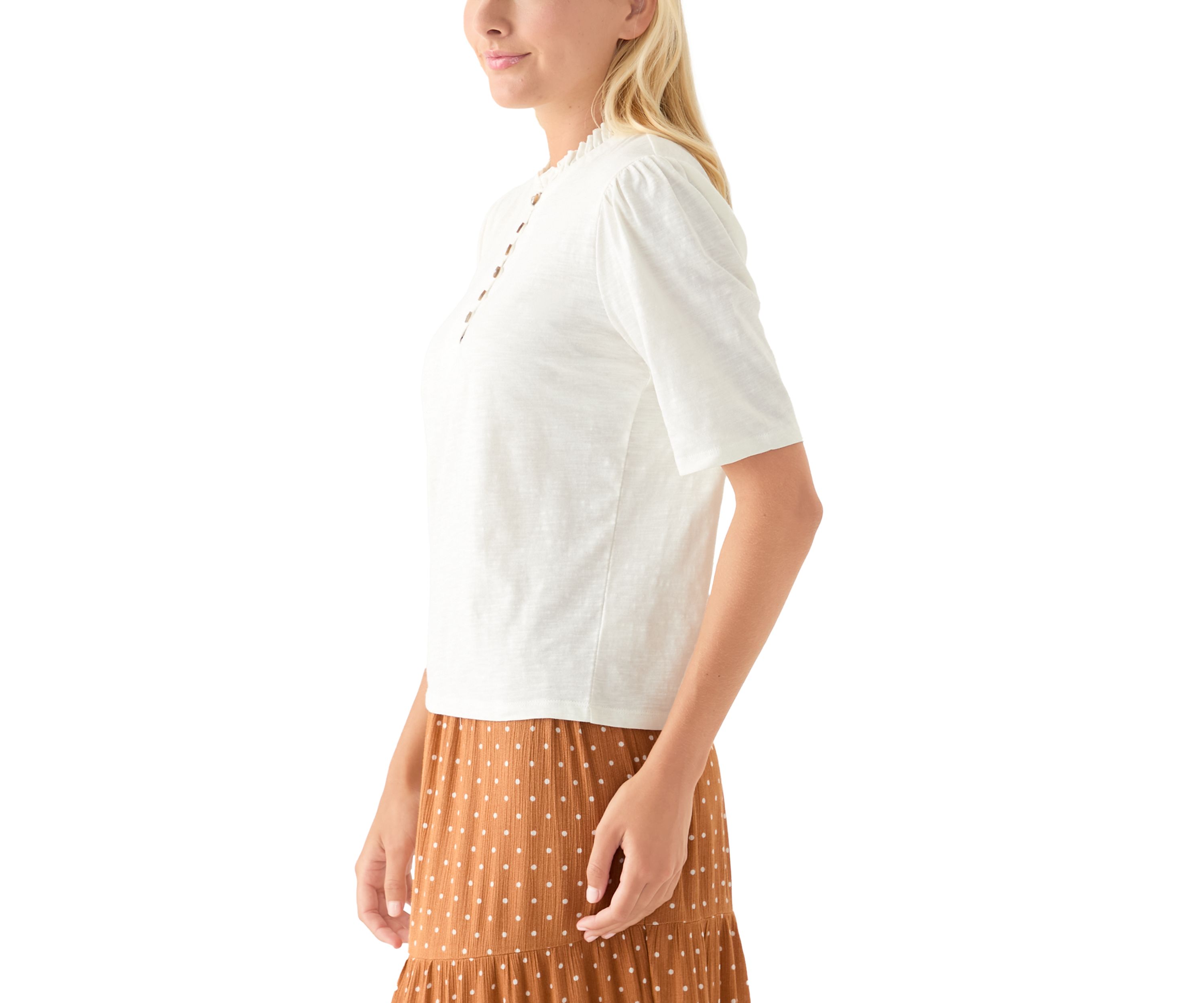 Womens Button Front Ruffle Neck Top