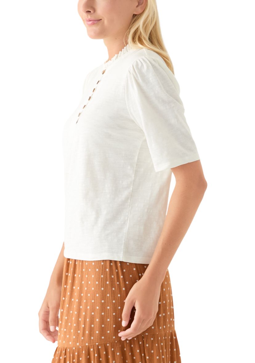 Womens Button Front Ruffle Neck Top