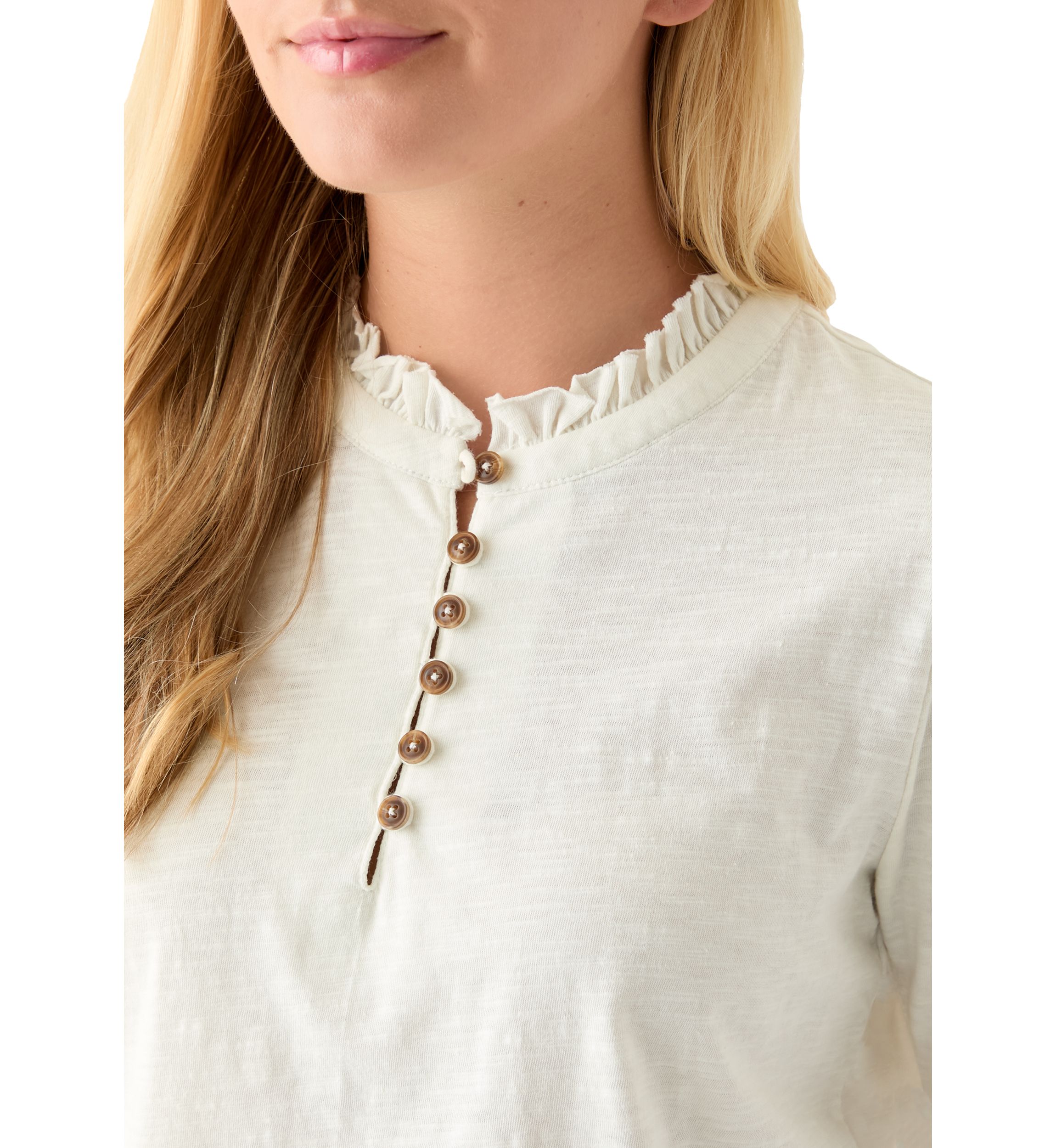 Womens Button Front Ruffle Neck Top