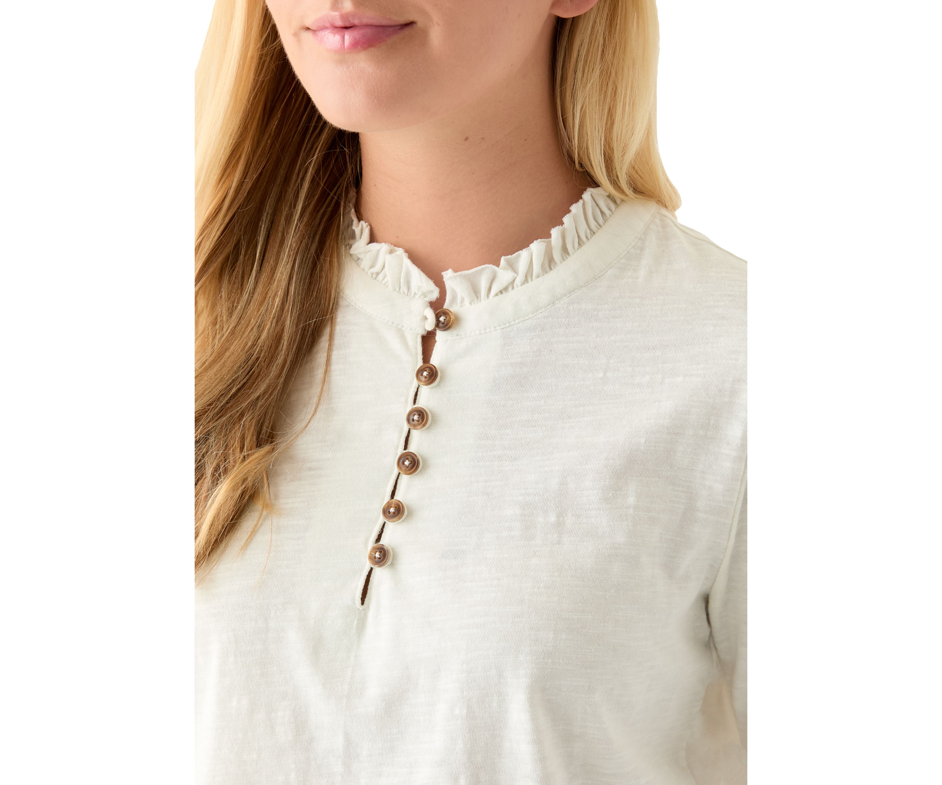 Womens Button Front Ruffle Neck Top