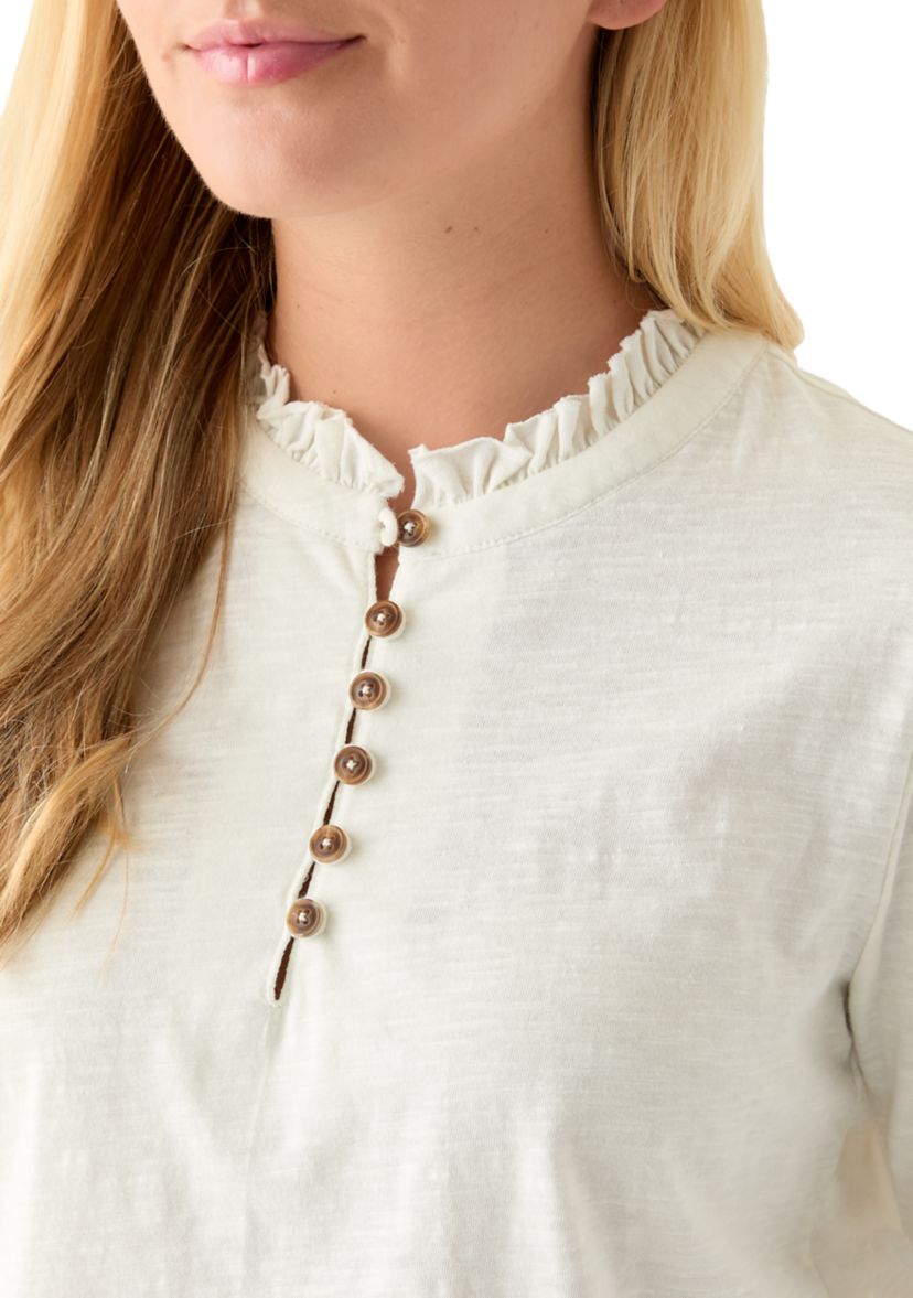 Womens Button Front Ruffle Neck Top