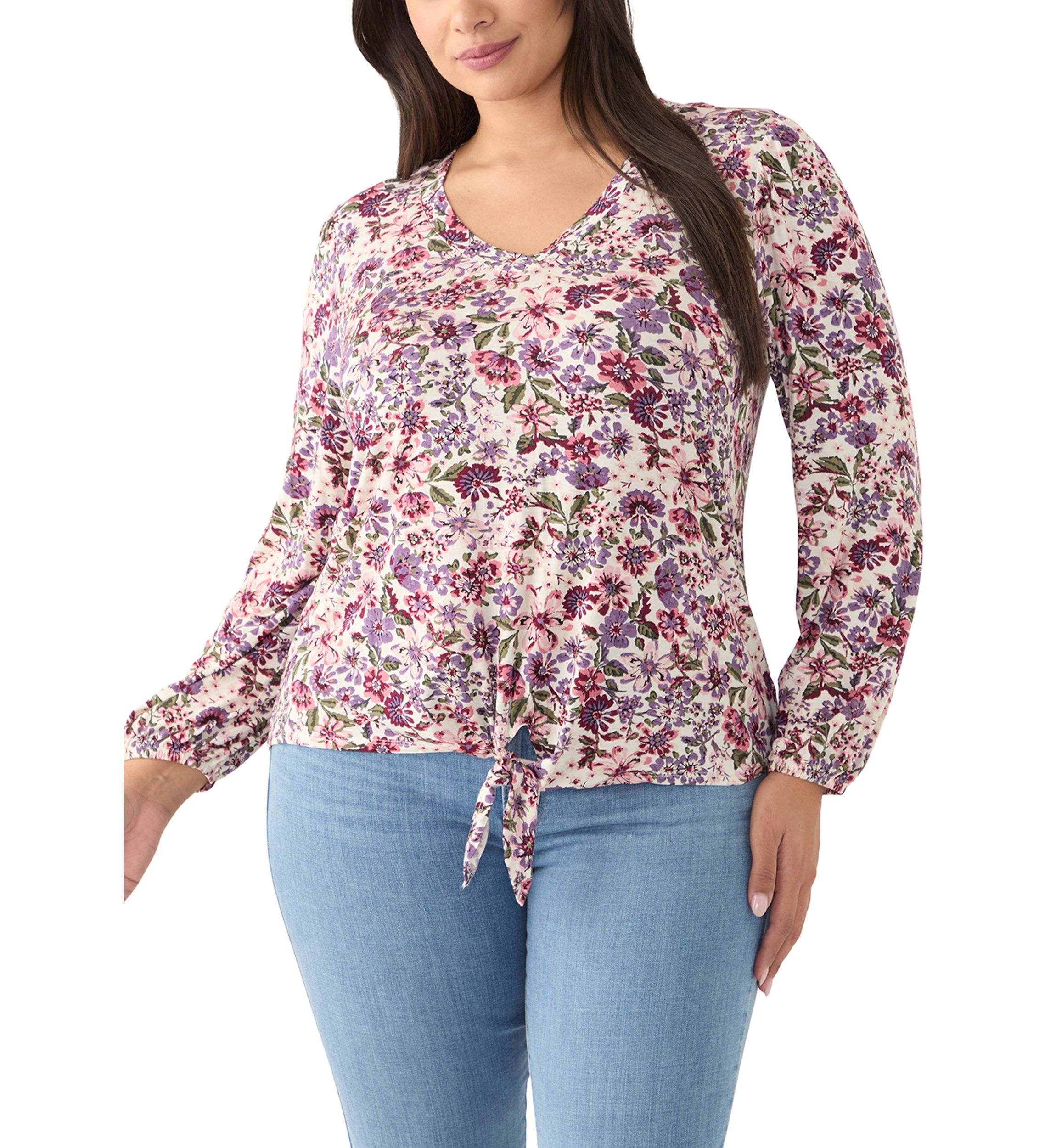 Plus Size Long Sleeve Tie Front Printed Knit Top
