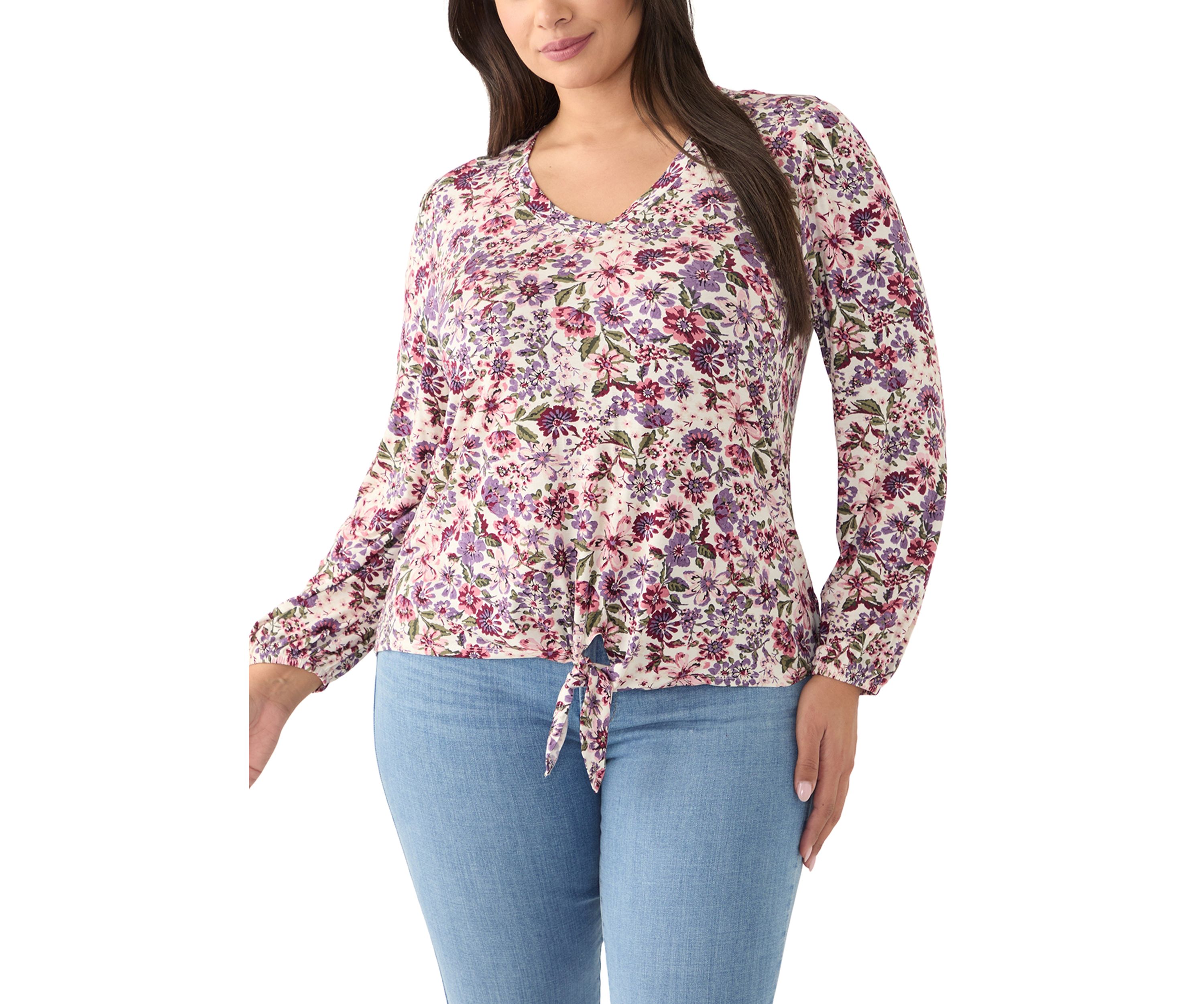 Plus Size Long Sleeve Tie Front Printed Knit Top