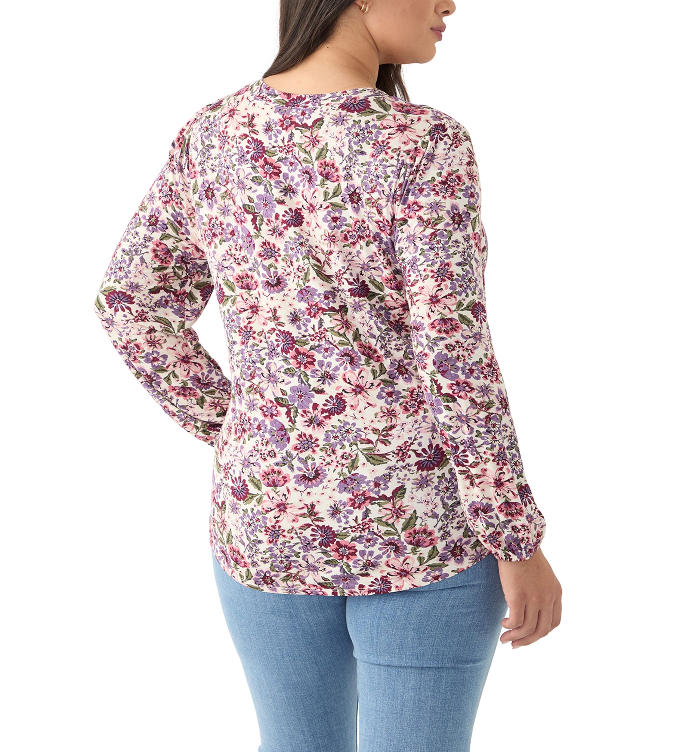 Plus Size Long Sleeve Tie Front Printed Knit Top