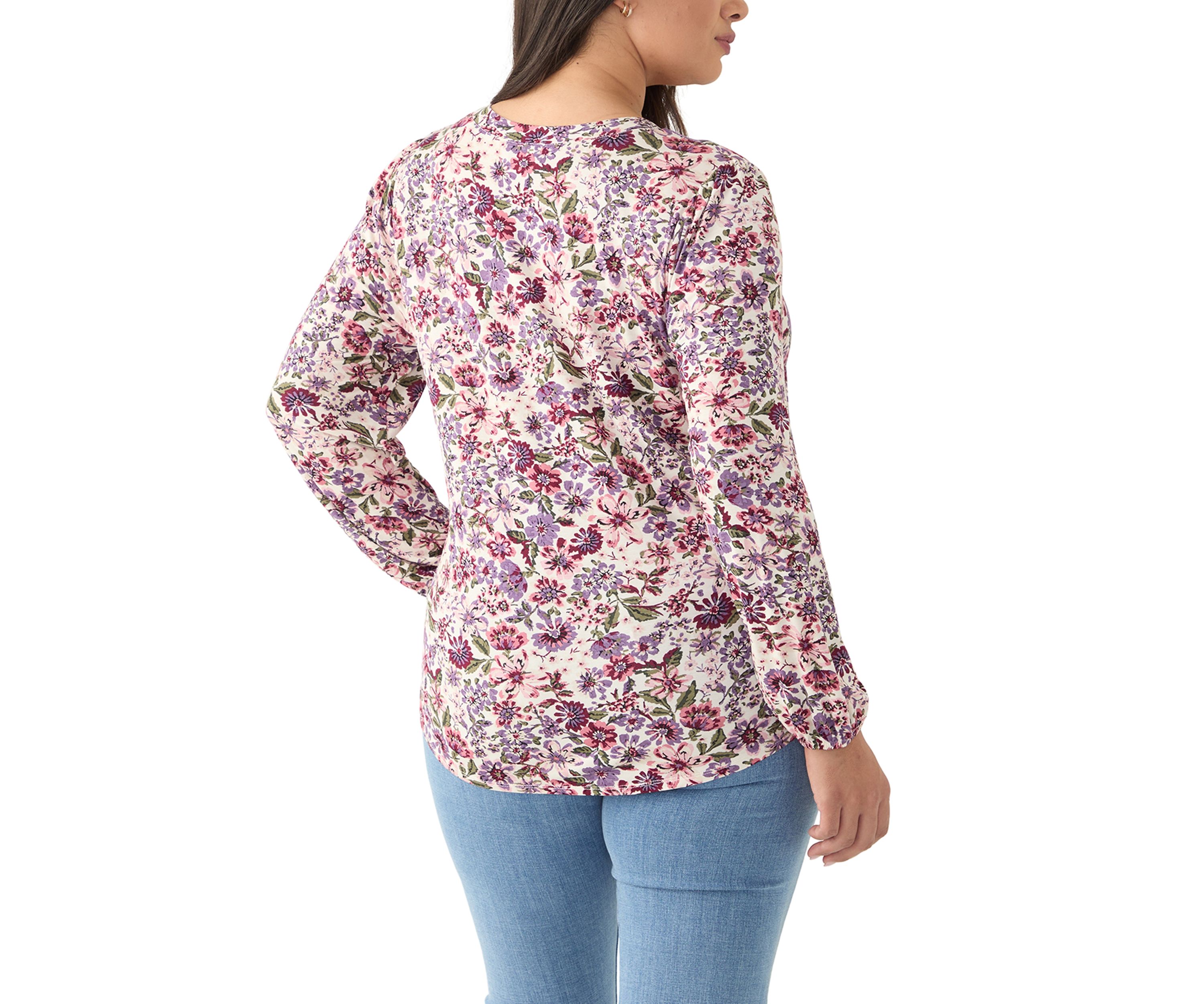 Plus Size Long Sleeve Tie Front Printed Knit Top