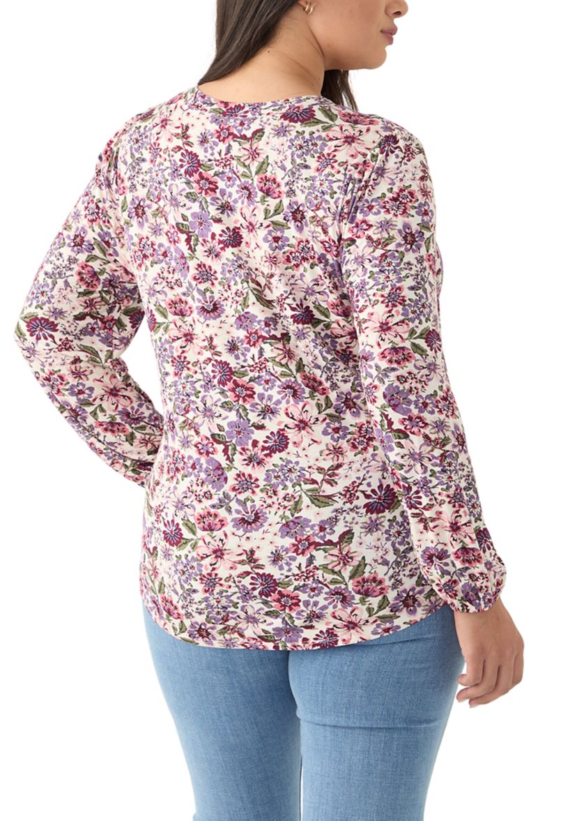 Plus Size Long Sleeve Tie Front Printed Knit Top