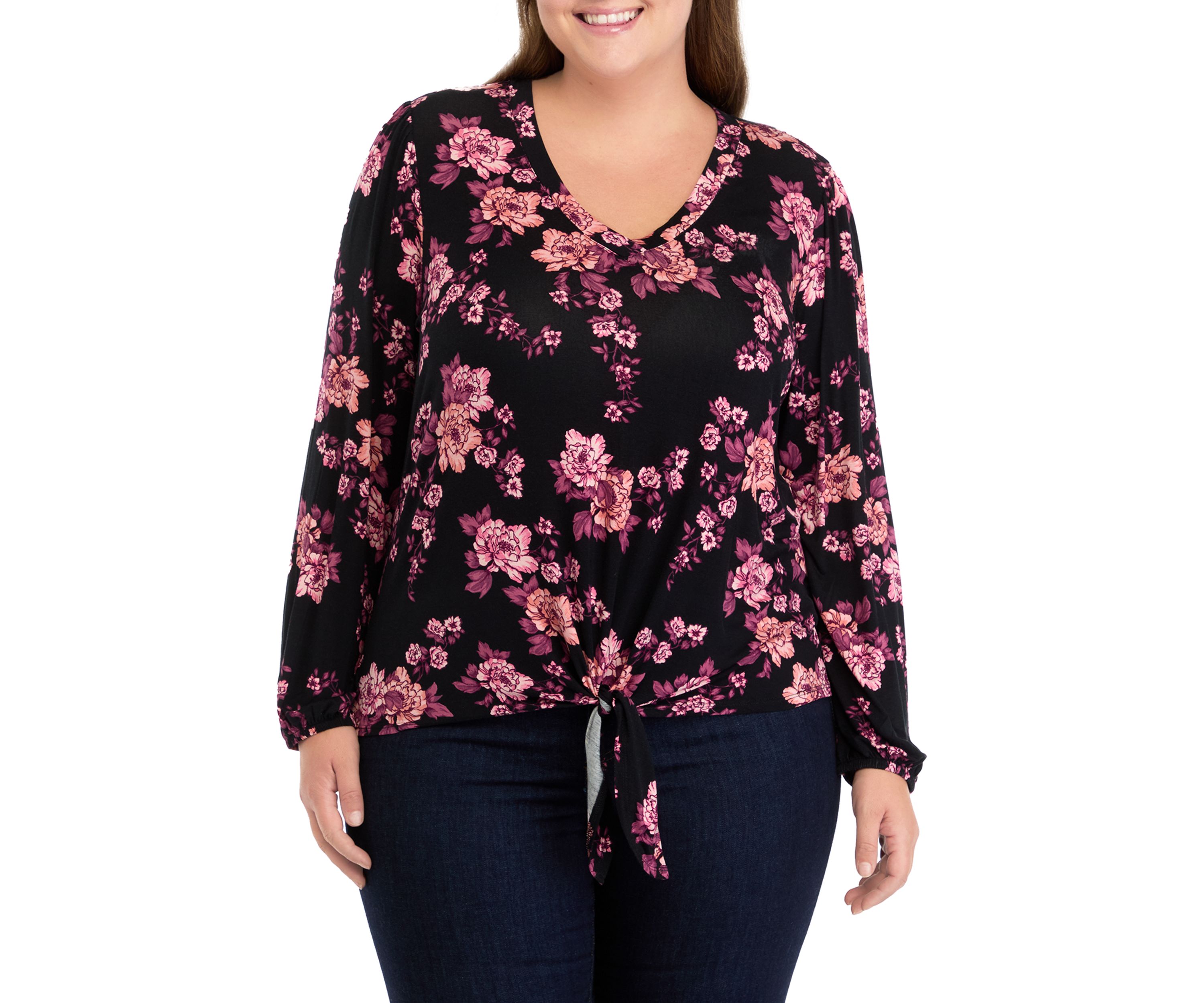 Plus Size Long Sleeve Tie Front Top 
