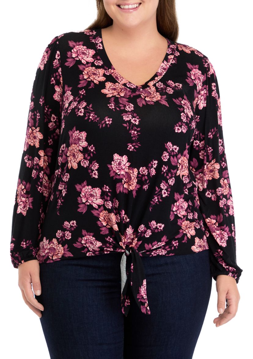 Plus Size Long Sleeve Tie Front Top 