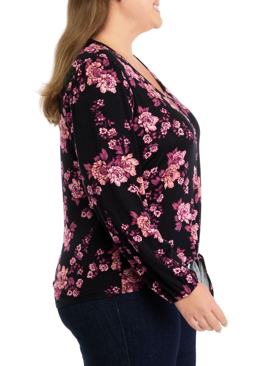 Plus Size Long Sleeve Tie Front Top 