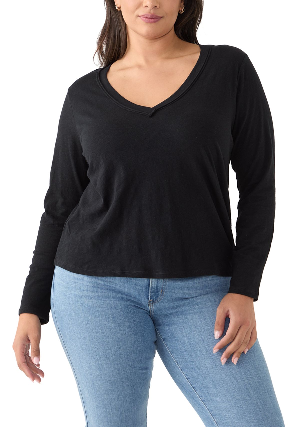Plus Size Long Sleeve V-Neck Rib Knit T-Shirt