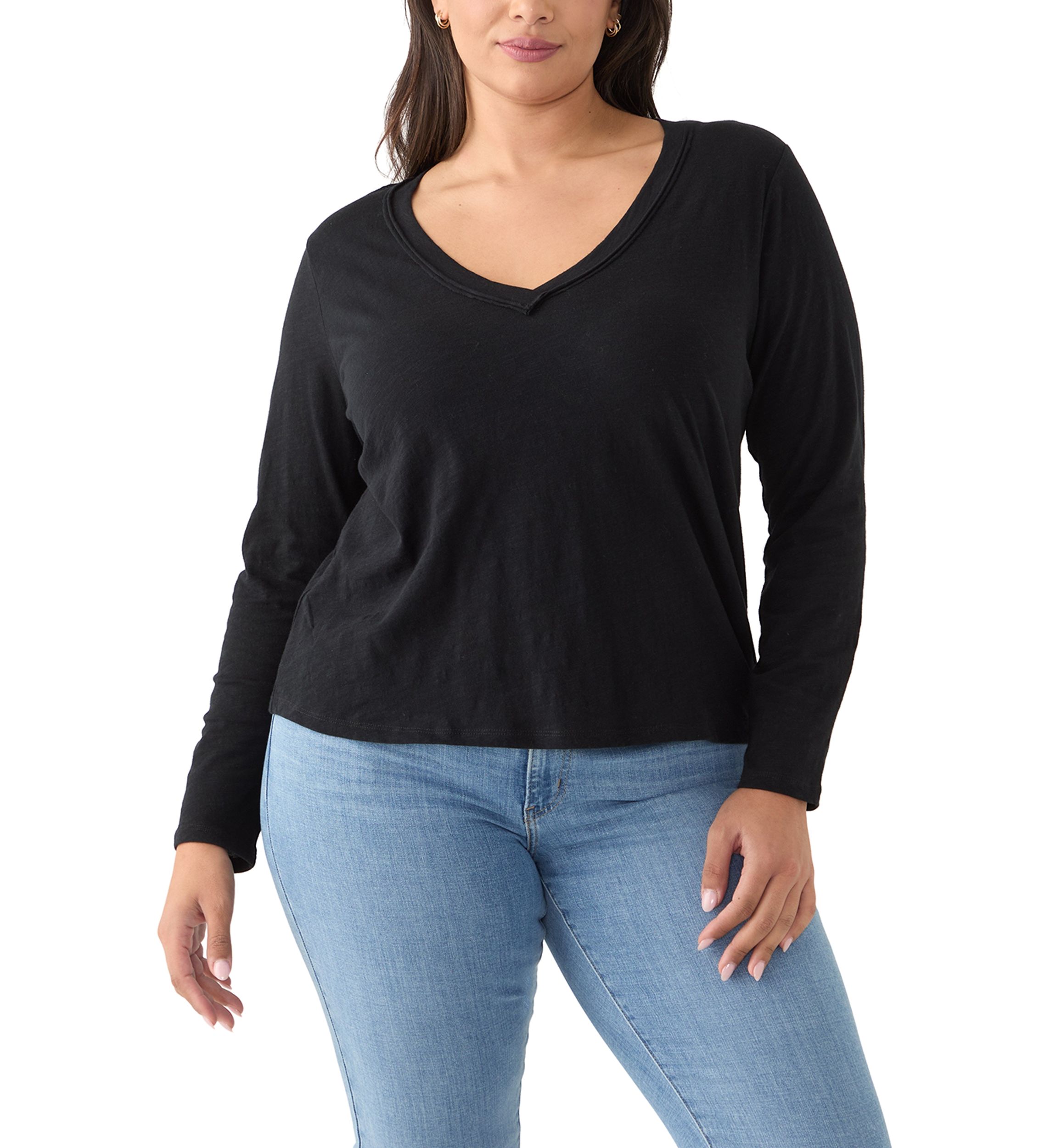 Plus Size Long Sleeve V-Neck Rib Knit T-Shirt