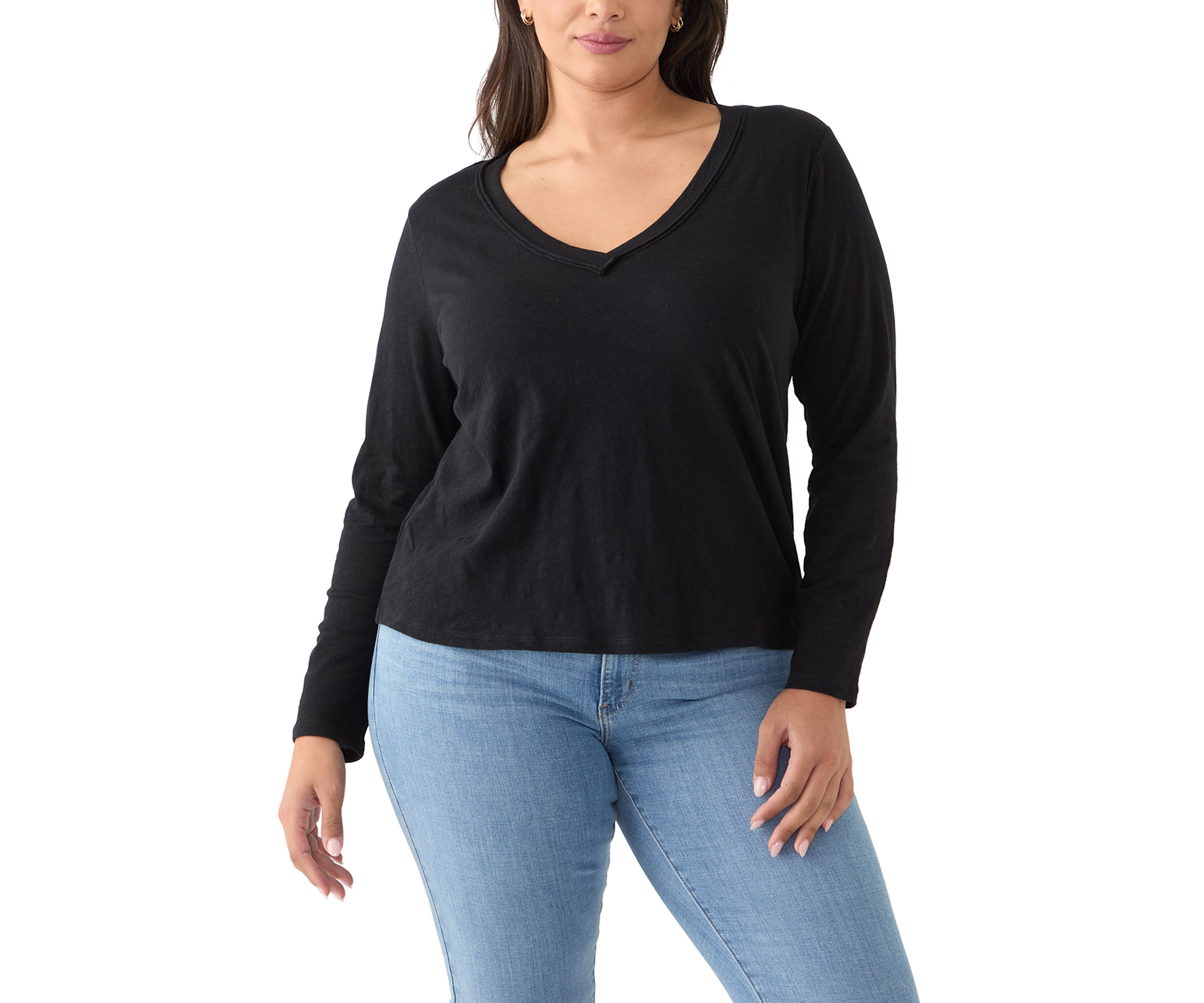 Plus Size Long Sleeve V-Neck Rib Knit T-Shirt