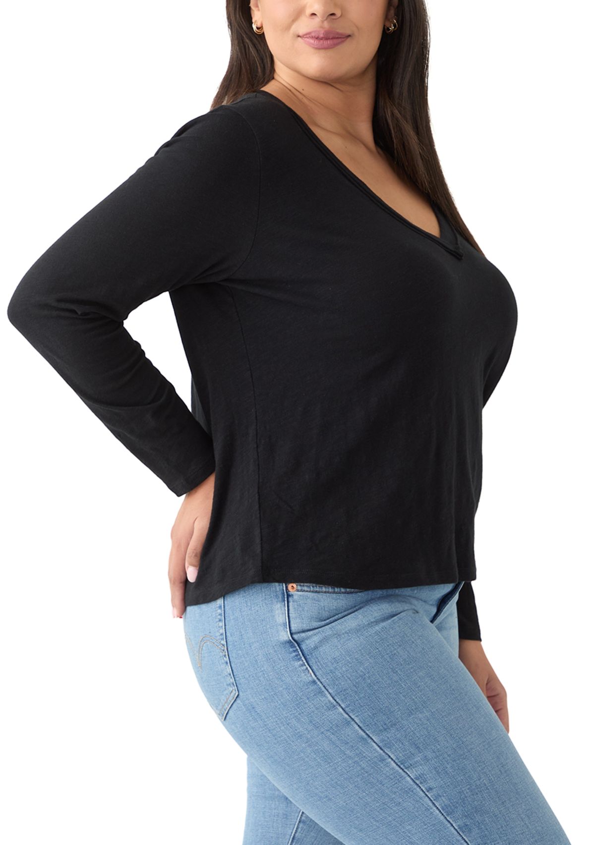 Plus Size Long Sleeve V-Neck Rib Knit T-Shirt