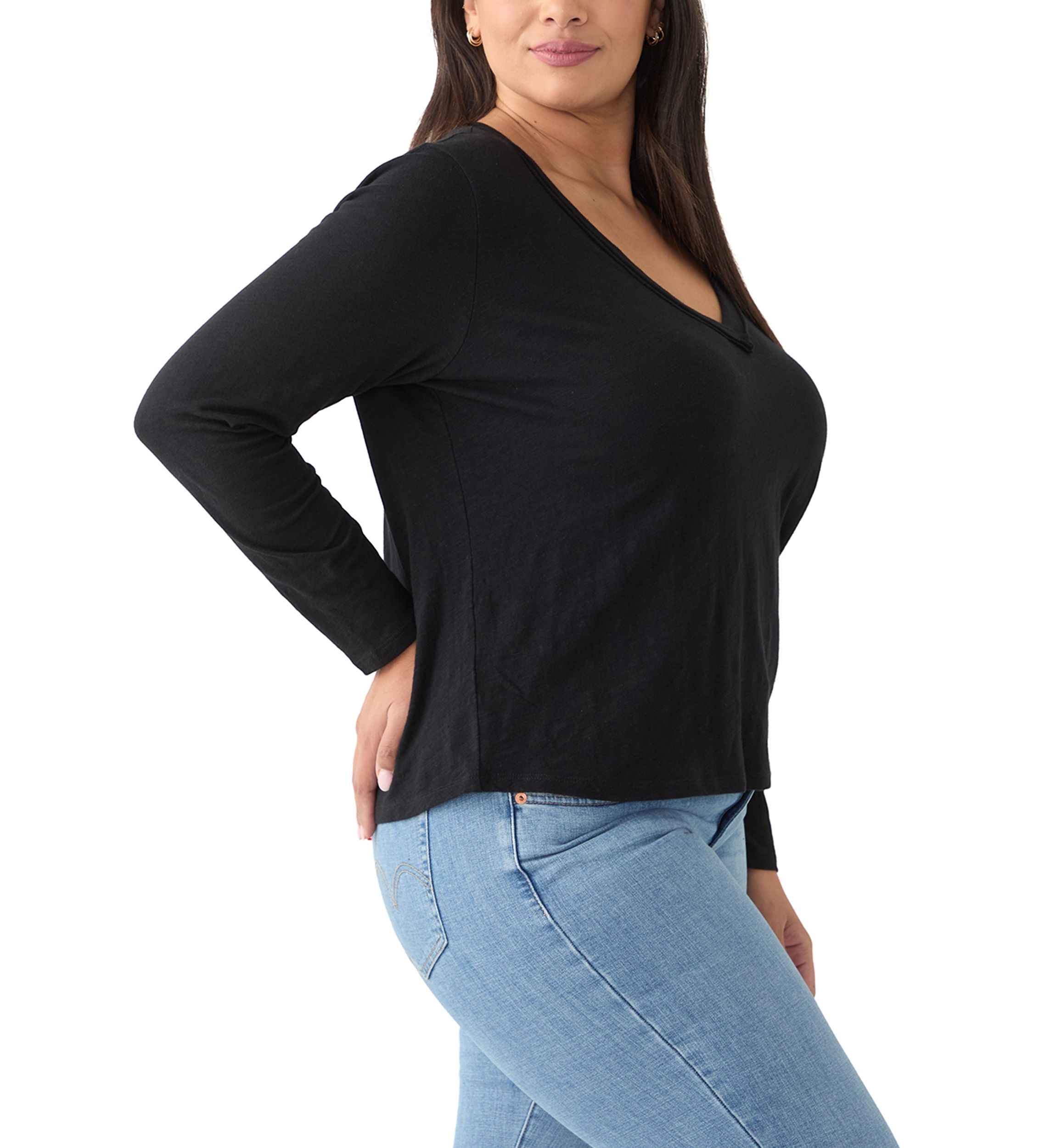 Plus Size Long Sleeve V-Neck Rib Knit T-Shirt