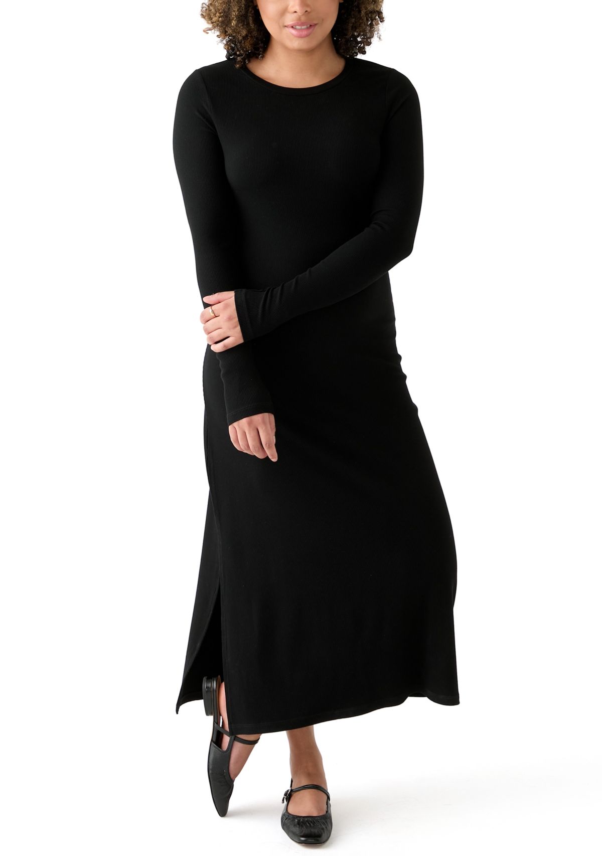 Womens Long Sleeve Crew Neck Dress with Slit 