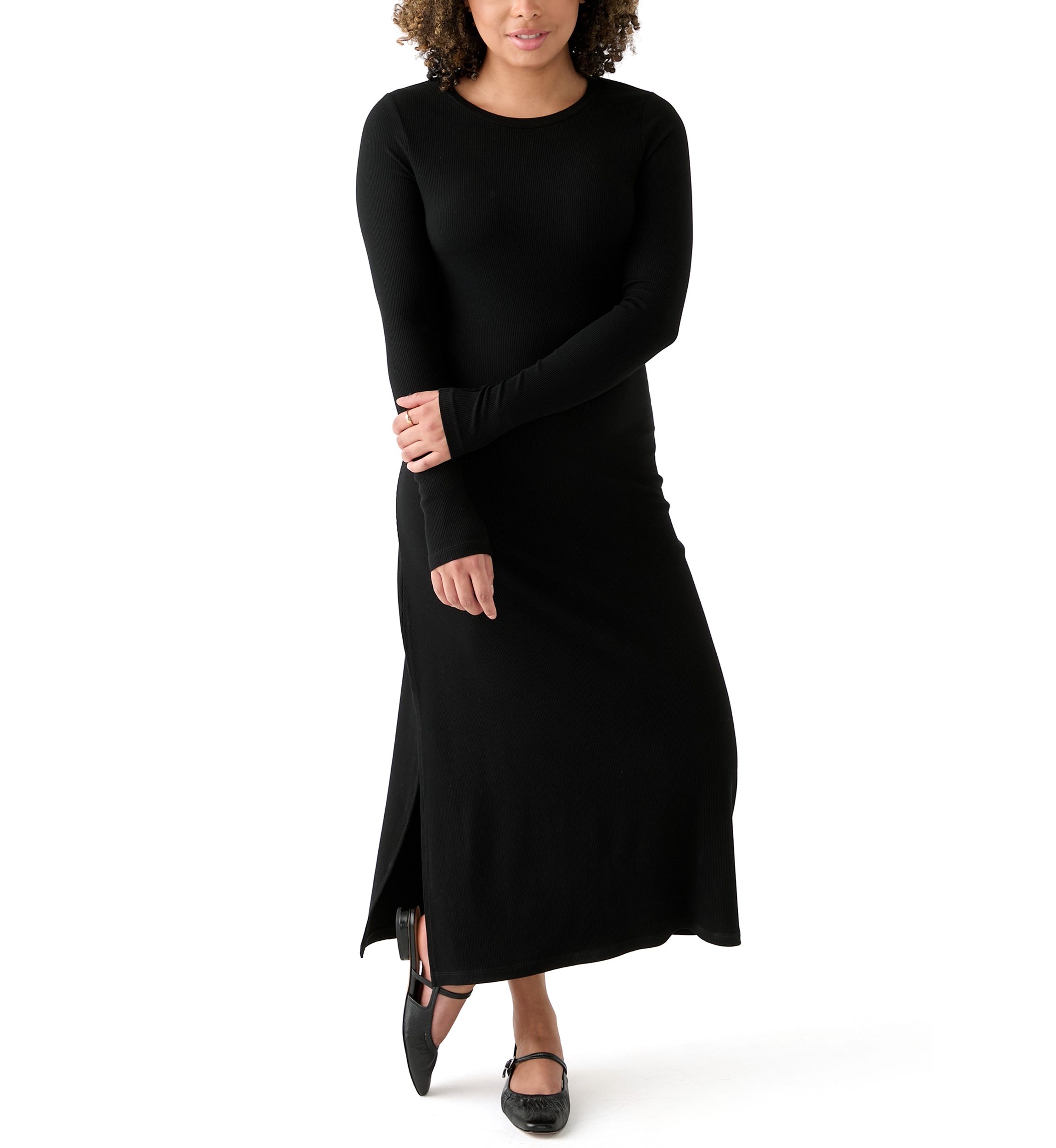 Womens Long Sleeve Crew Neck Dress with Slit 