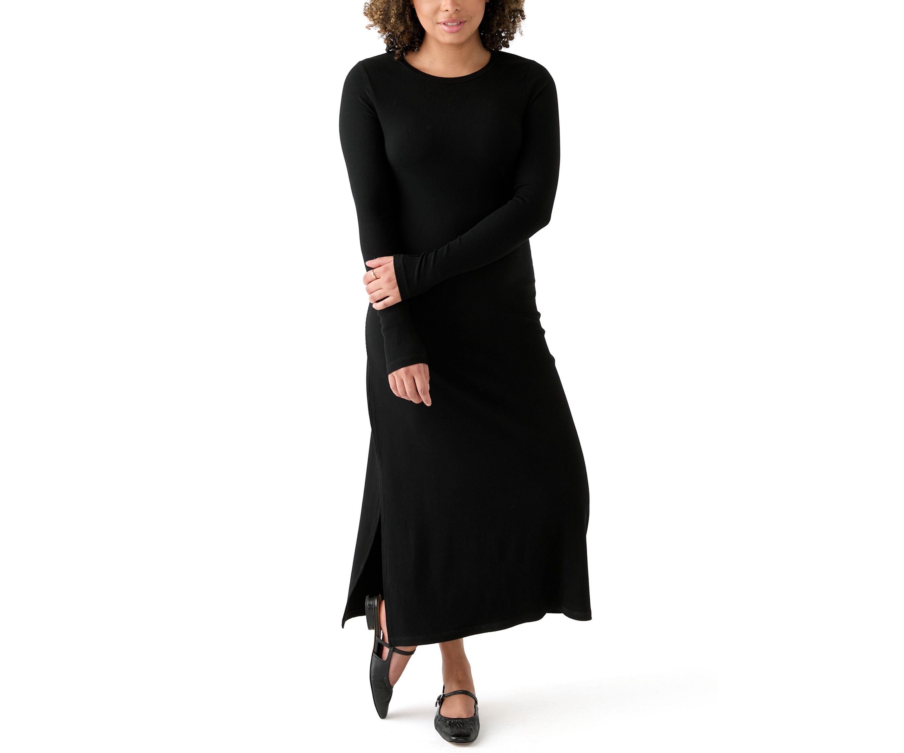 Womens Long Sleeve Crew Neck Dress with Slit 