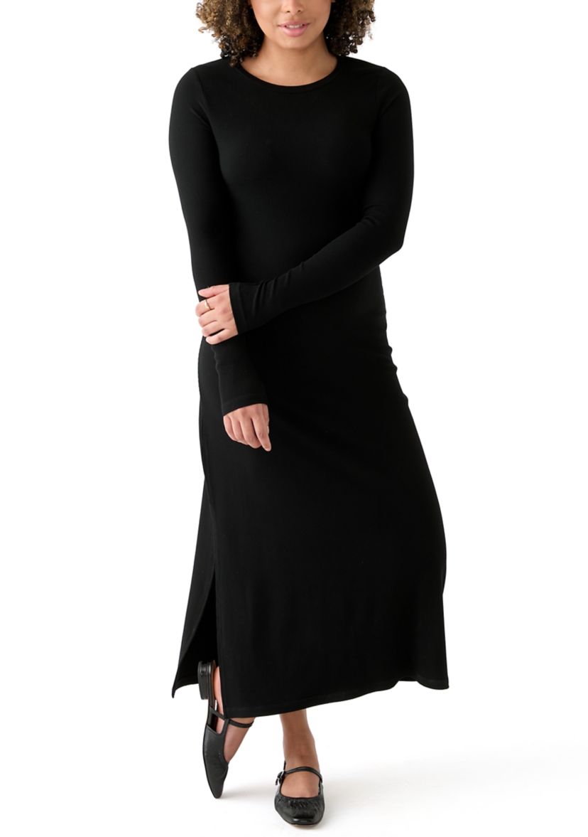 Womens Long Sleeve Crew Neck Dress with Slit 