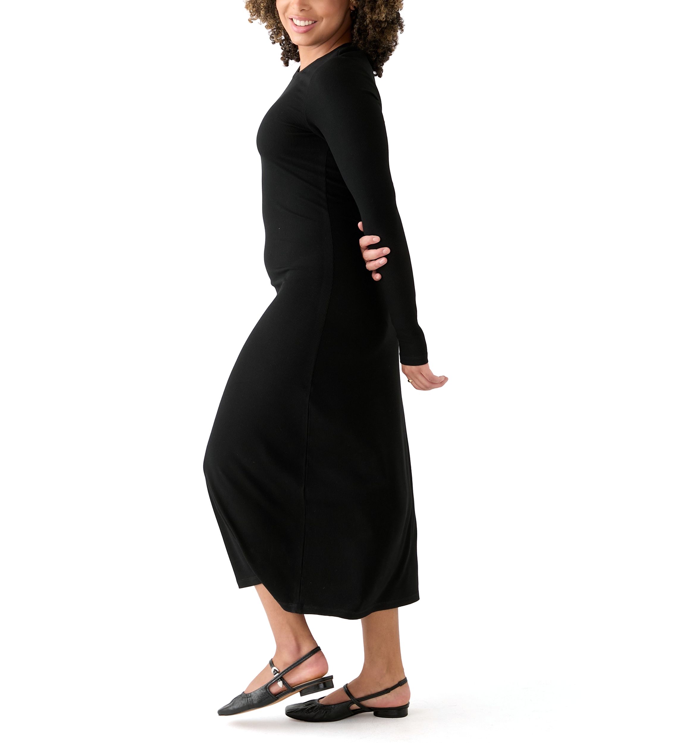 Womens Long Sleeve Crew Neck Dress with Slit 