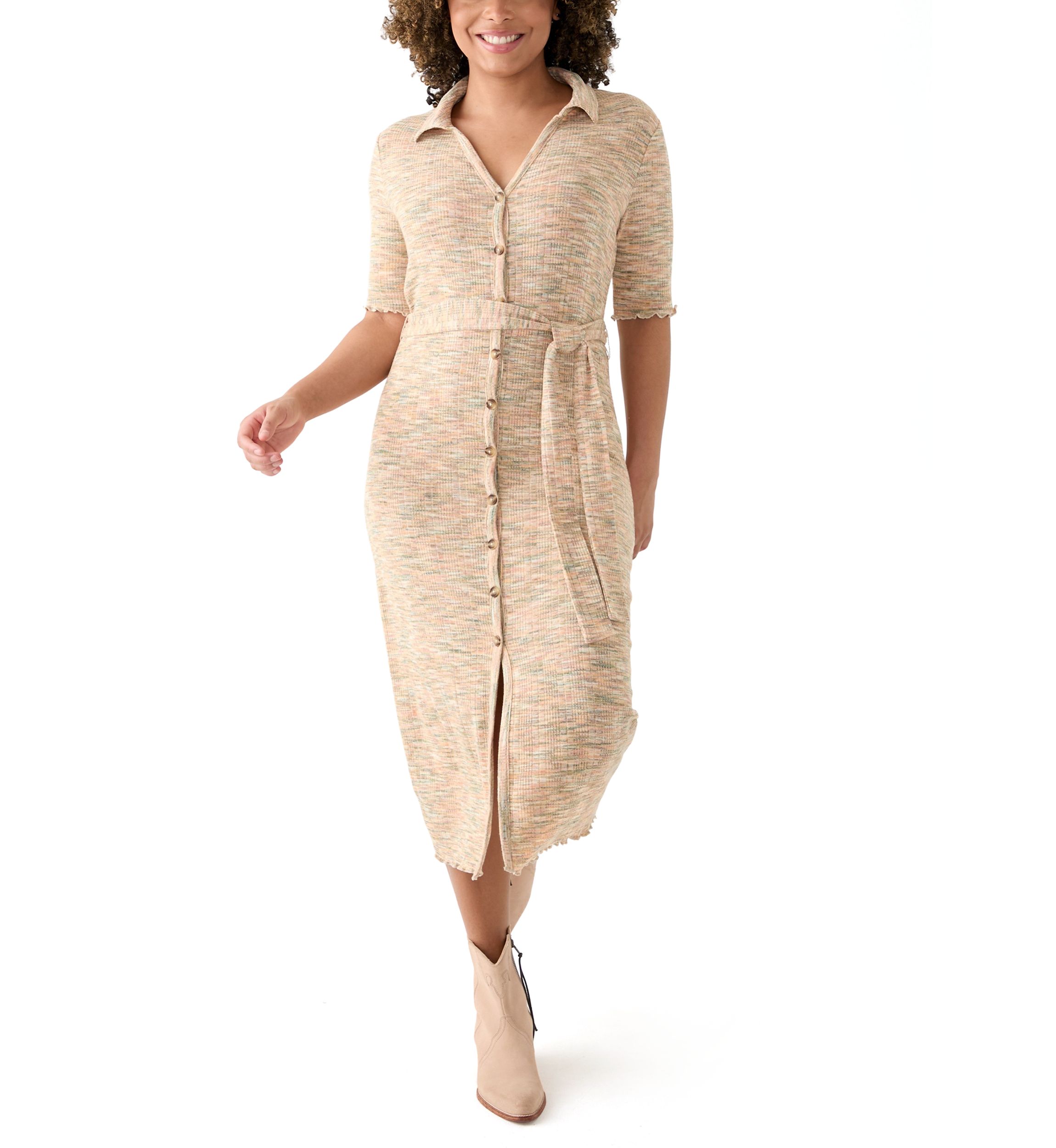  Womens Johnny Collar Belted Waist Dress 