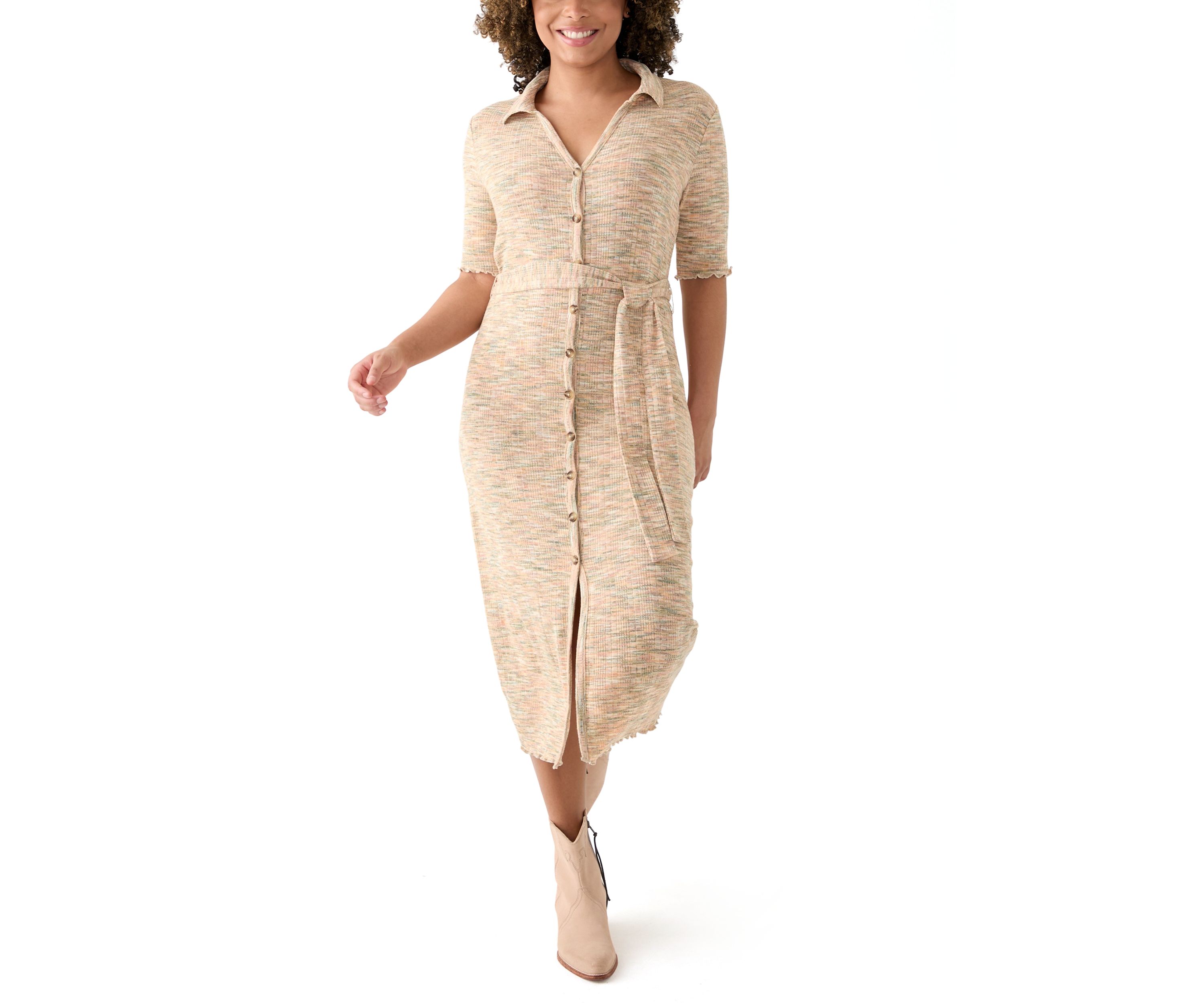  Womens Johnny Collar Belted Waist Dress 