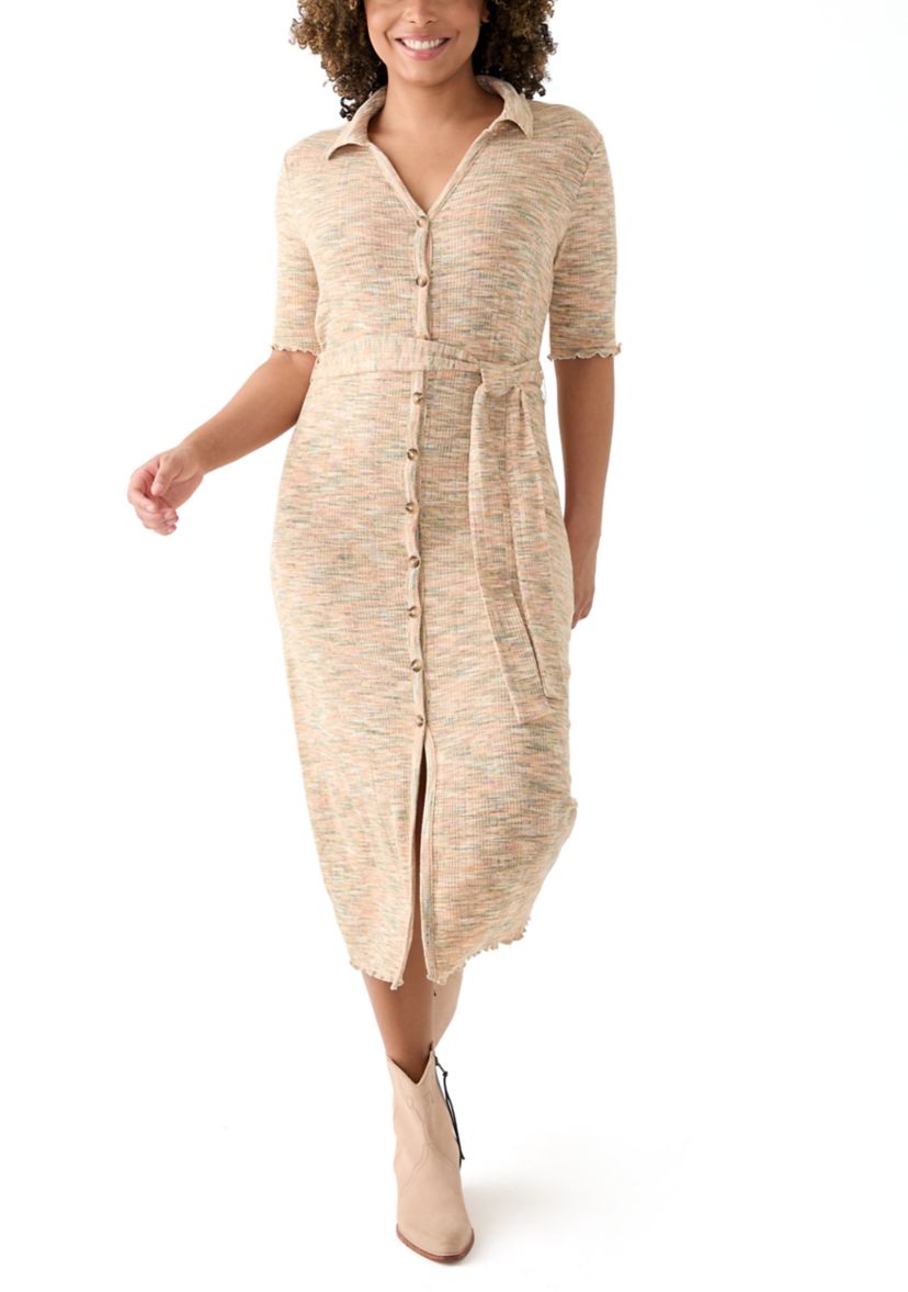  Womens Johnny Collar Belted Waist Dress 