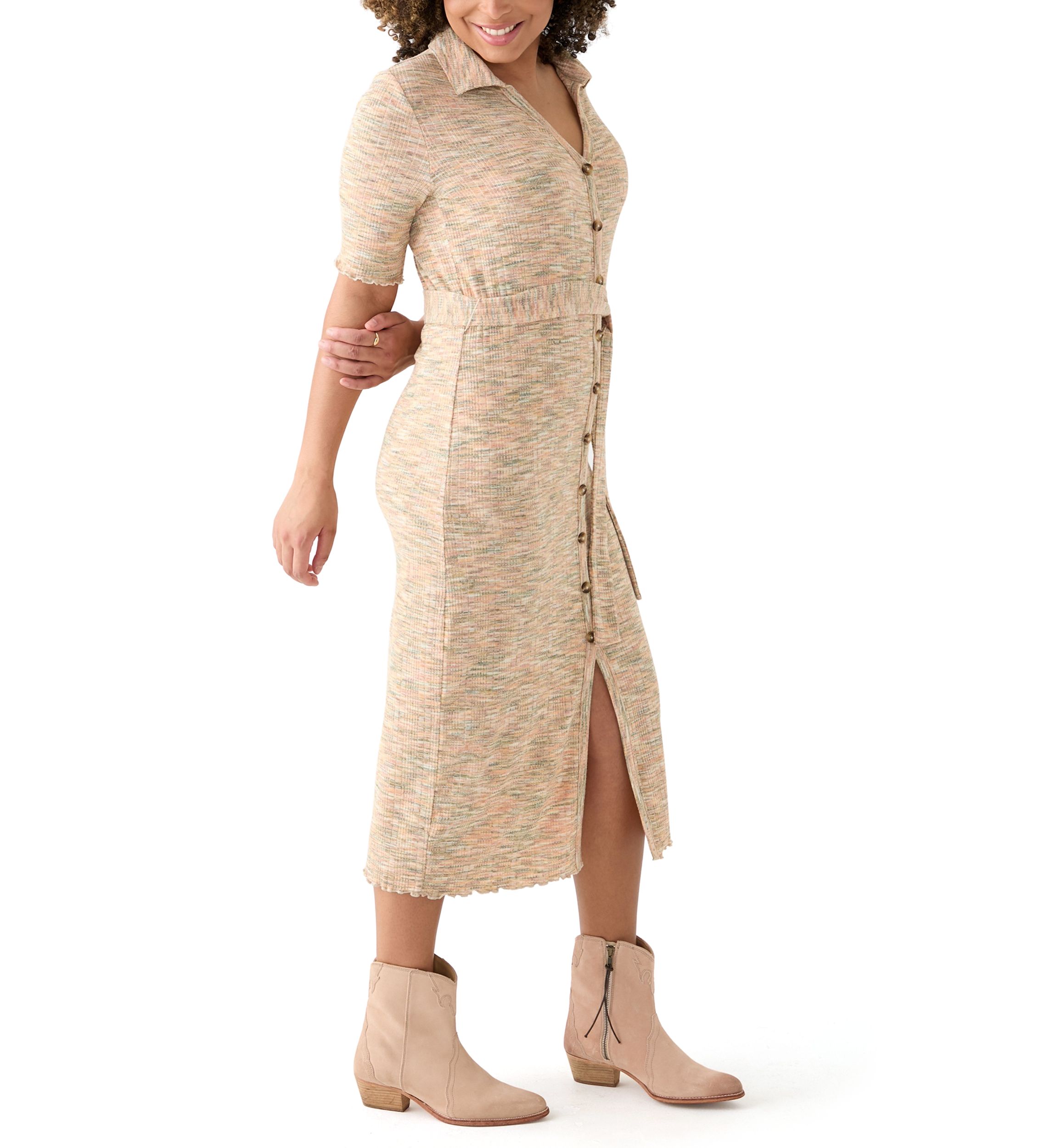 Womens Johnny Collar Belted Waist Dress 