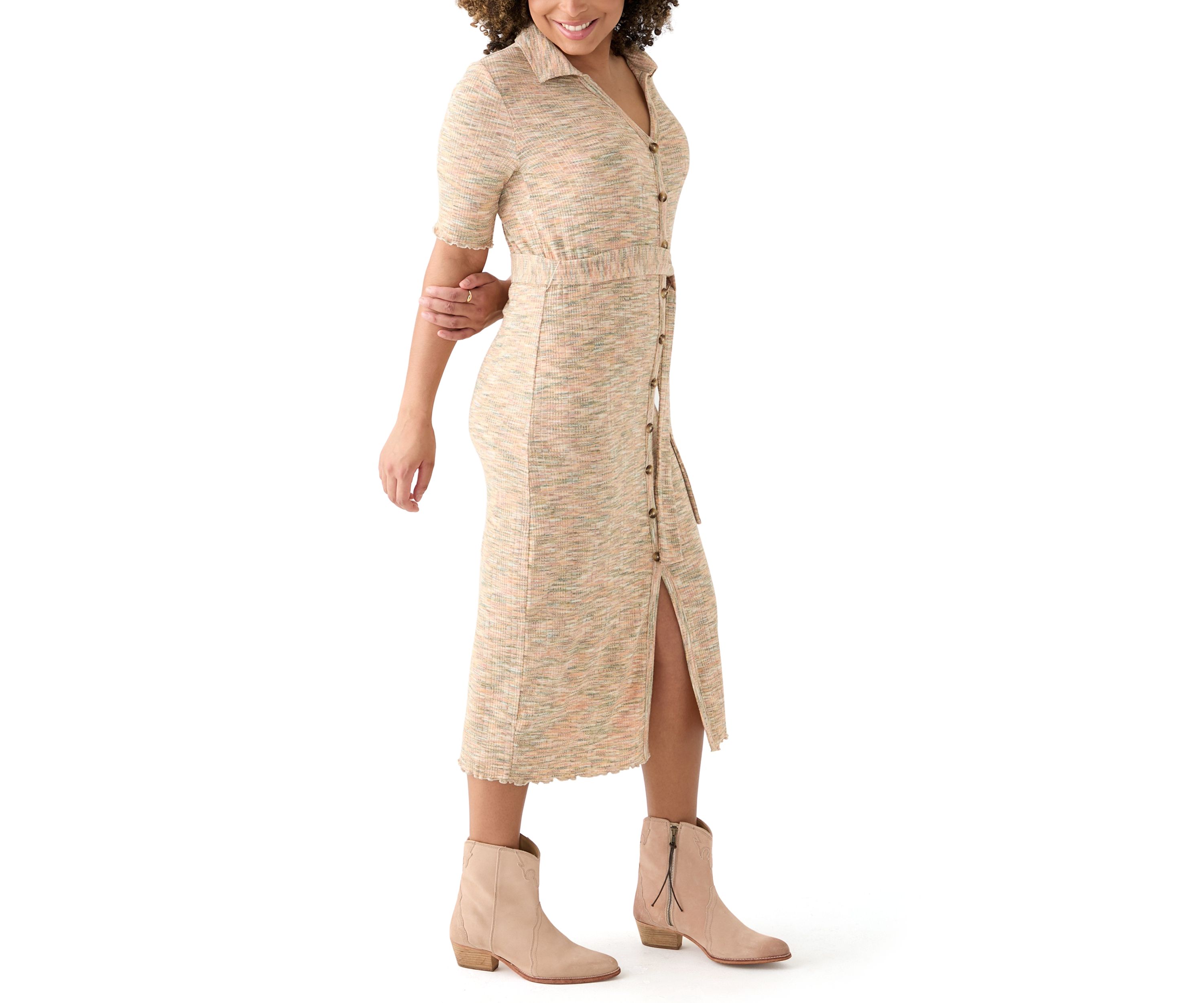  Womens Johnny Collar Belted Waist Dress 