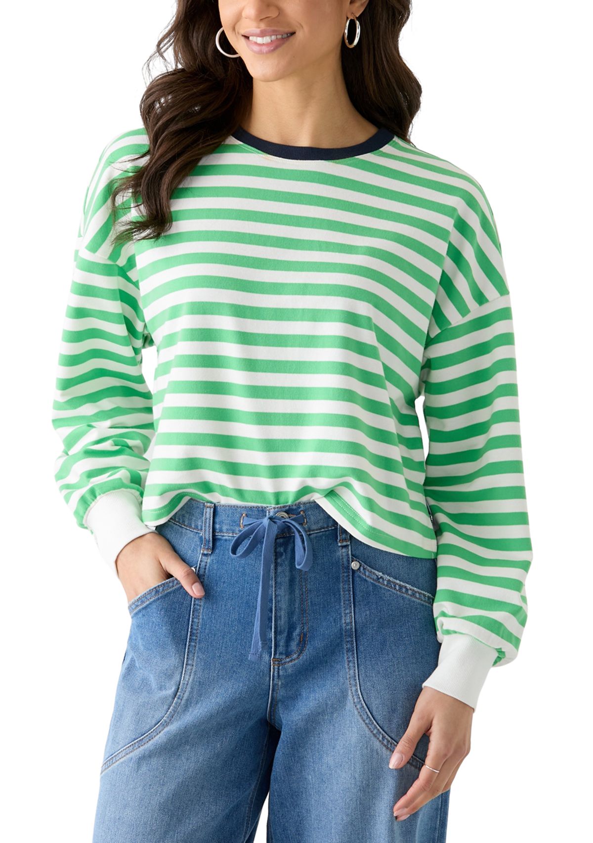 Womens Stripe Drop Shoulder Sleeve Crew Neck Sweatshirt