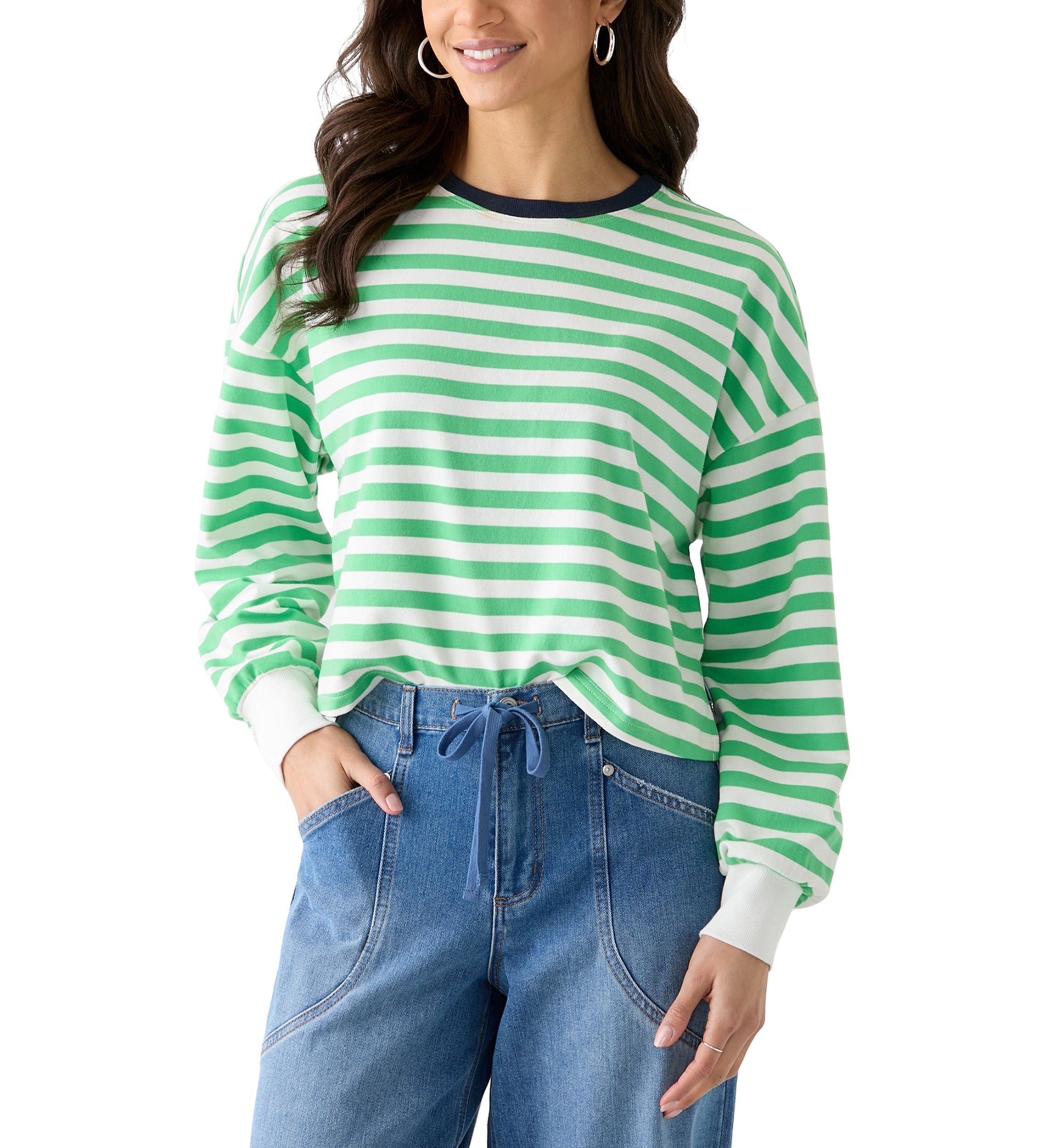 Womens Stripe Drop Shoulder Sleeve Crew Neck Sweatshirt