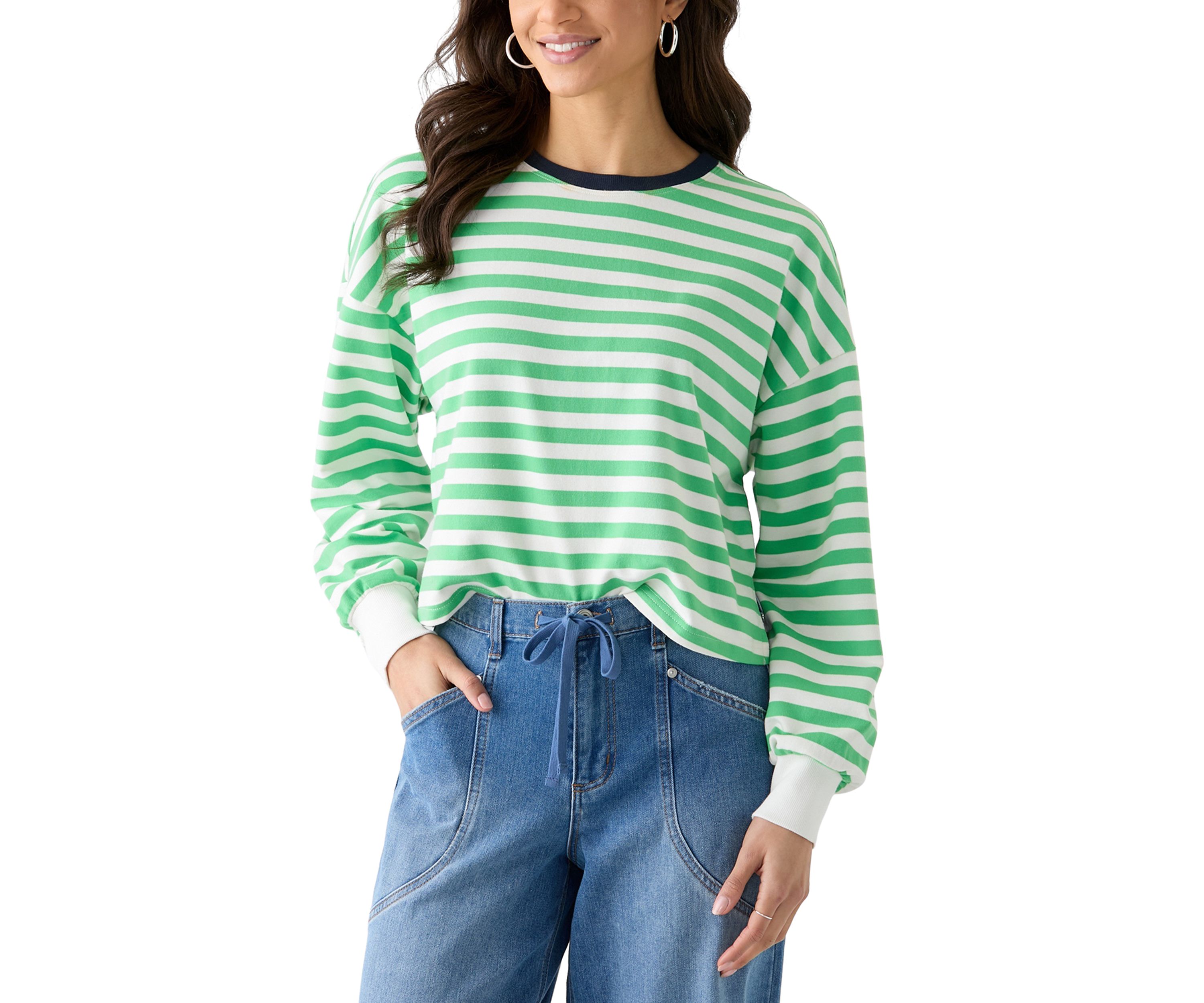 Womens Stripe Drop Shoulder Sleeve Crew Neck Sweatshirt
