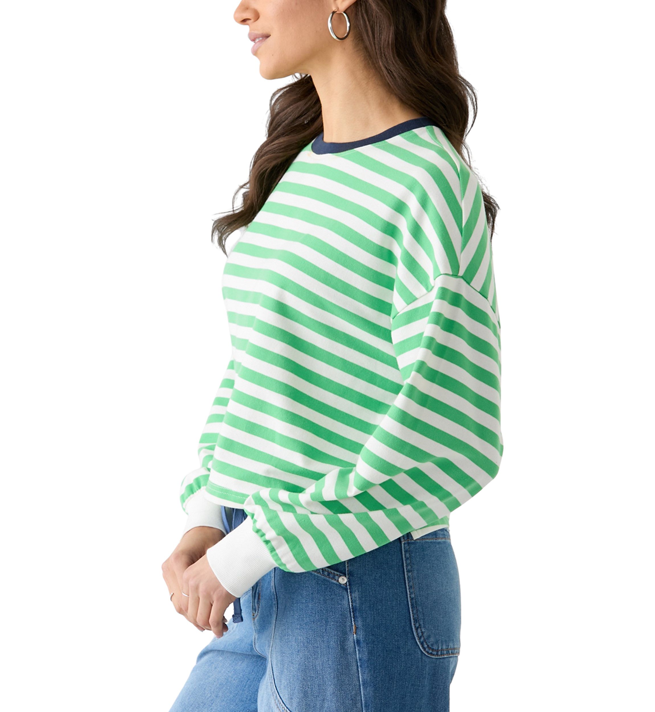 Womens Stripe Drop Shoulder Sleeve Crew Neck Sweatshirt
