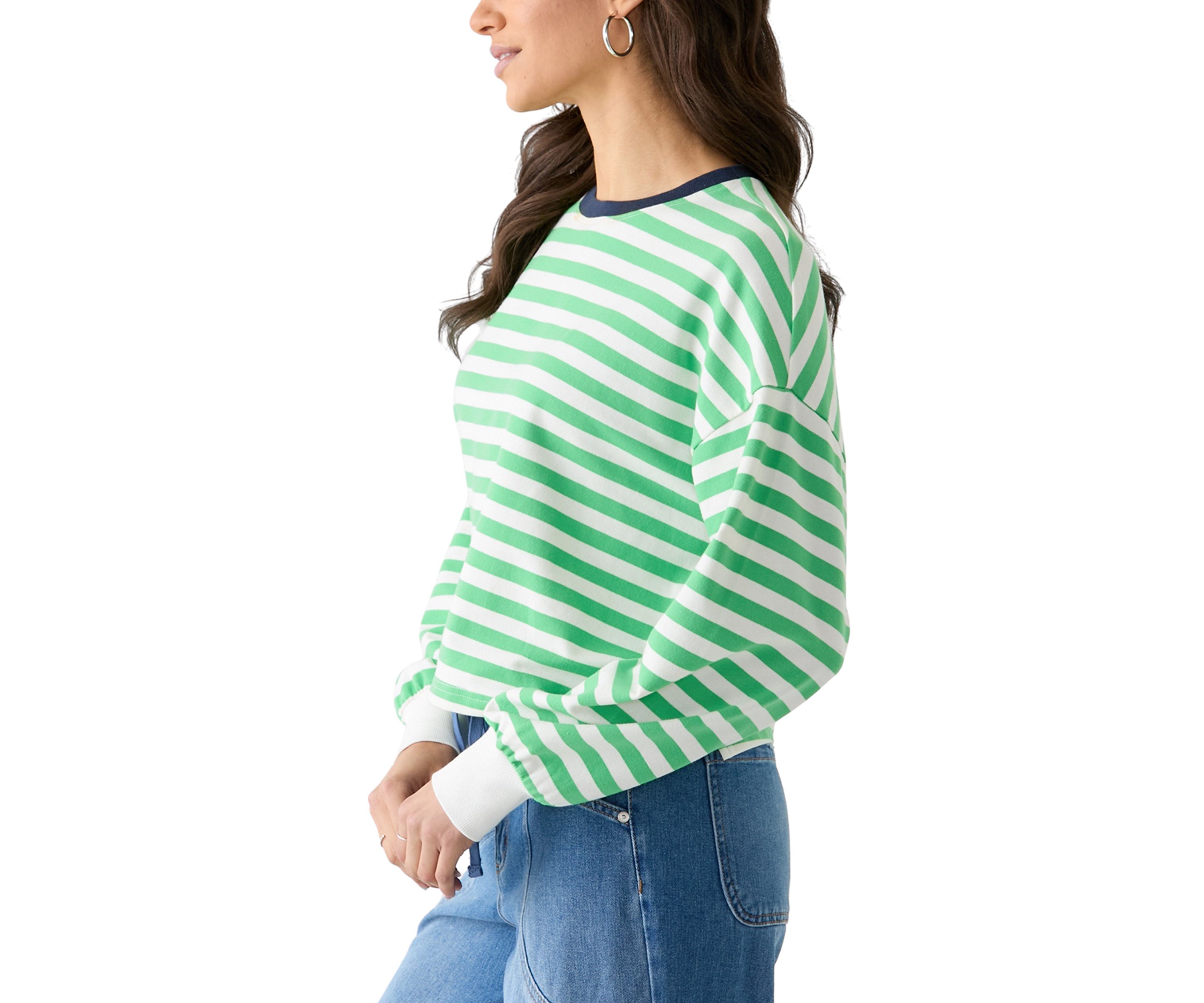 Womens Stripe Drop Shoulder Sleeve Crew Neck Sweatshirt