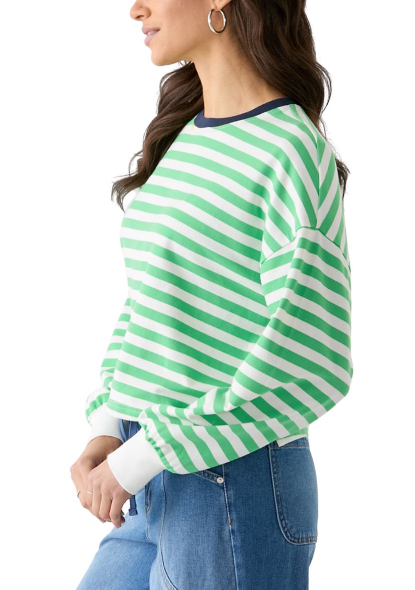 Womens Stripe Drop Shoulder Sleeve Crew Neck Sweatshirt
