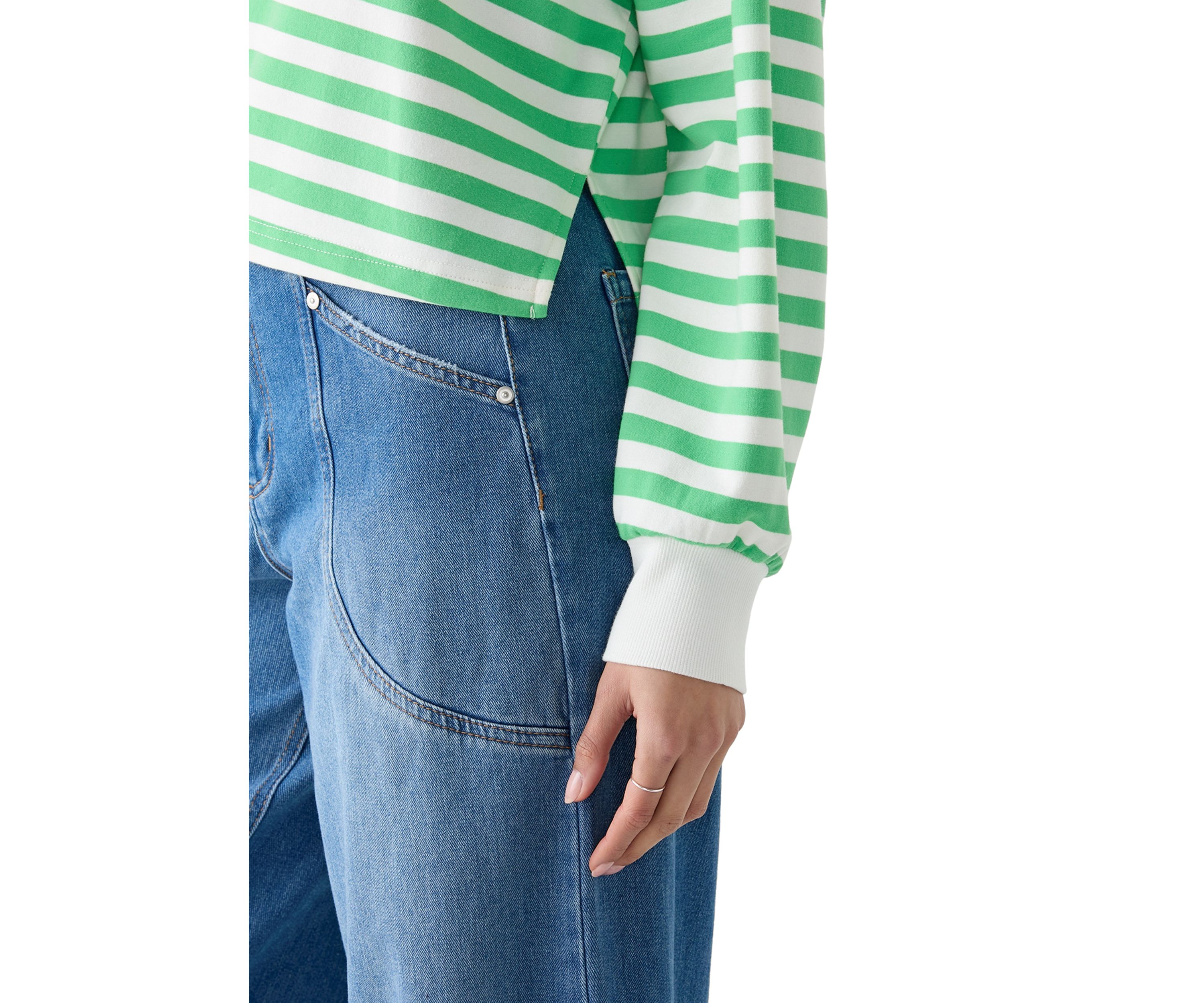 Womens Stripe Drop Shoulder Sleeve Crew Neck Sweatshirt