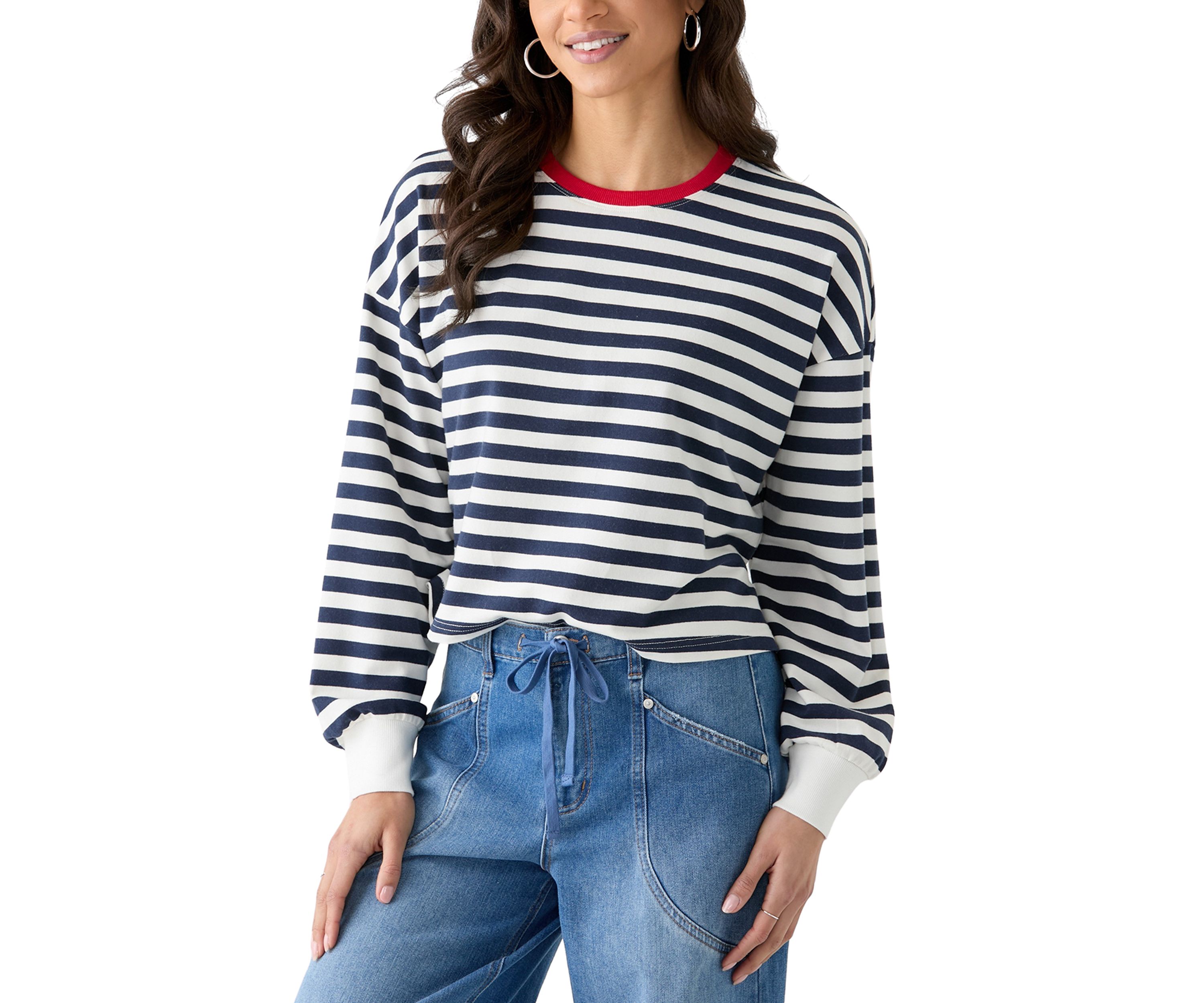 Womens Stripe Drop Shoulder Sleeve Crew Neck Sweatshirt