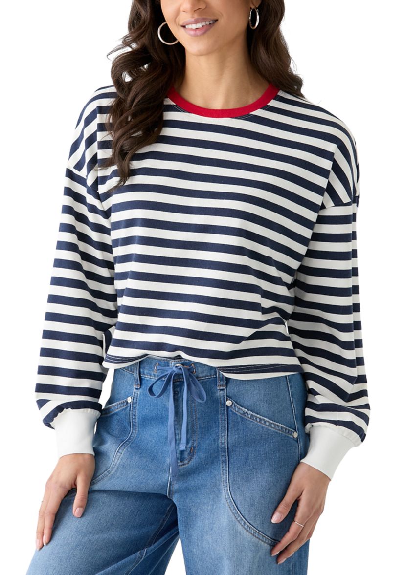 Womens Stripe Drop Shoulder Sleeve Crew Neck Sweatshirt