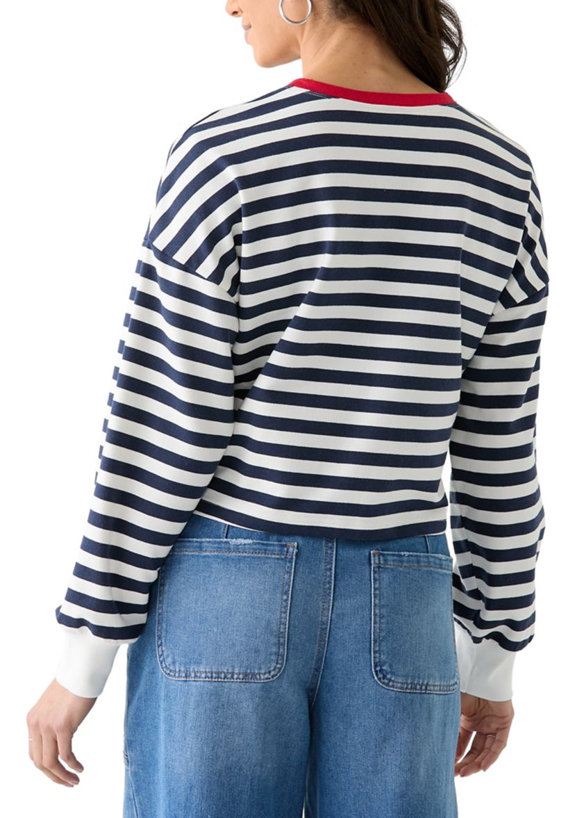 Womens Stripe Drop Shoulder Sleeve Crew Neck Sweatshirt