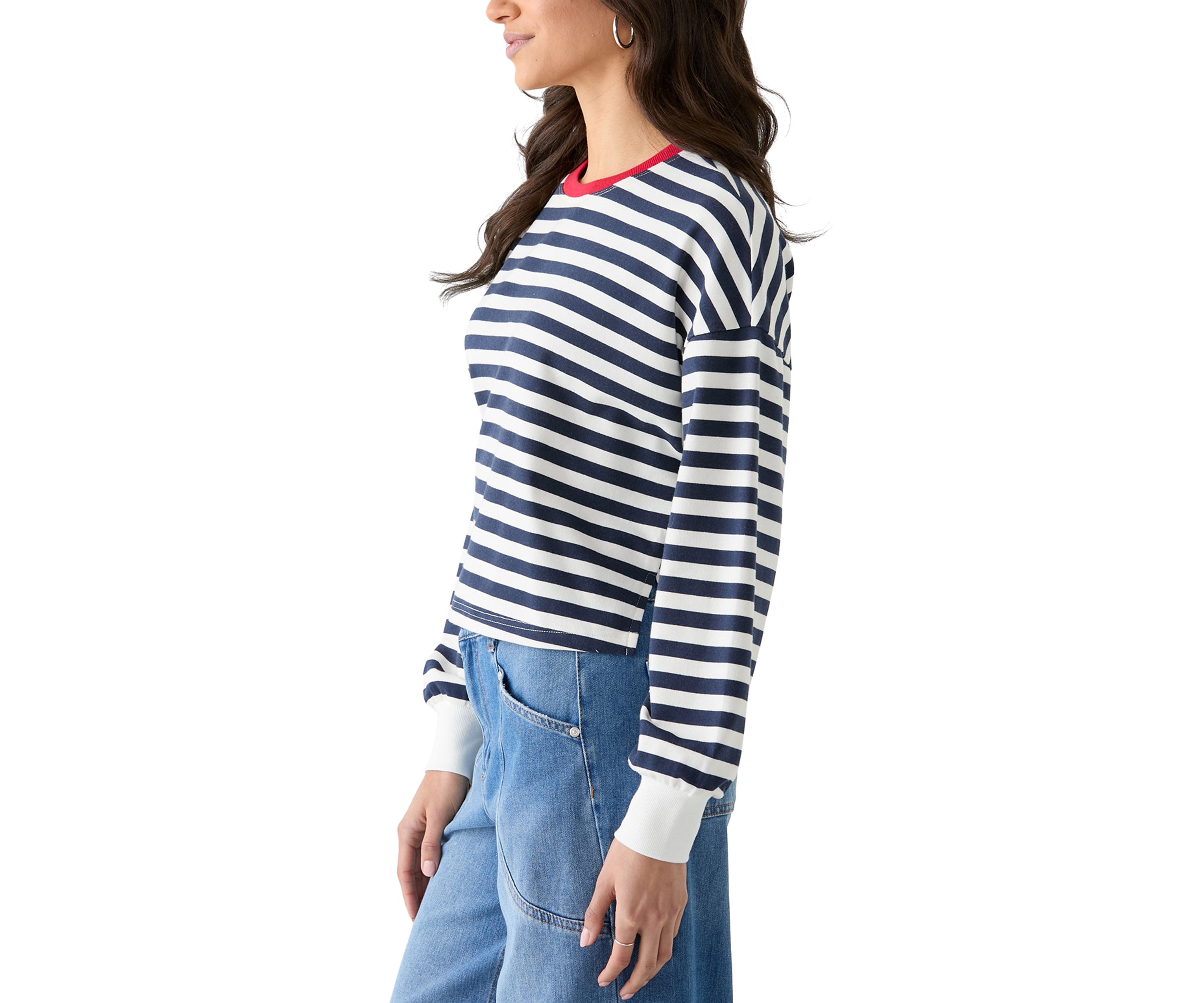 Womens Stripe Drop Shoulder Sleeve Crew Neck Sweatshirt