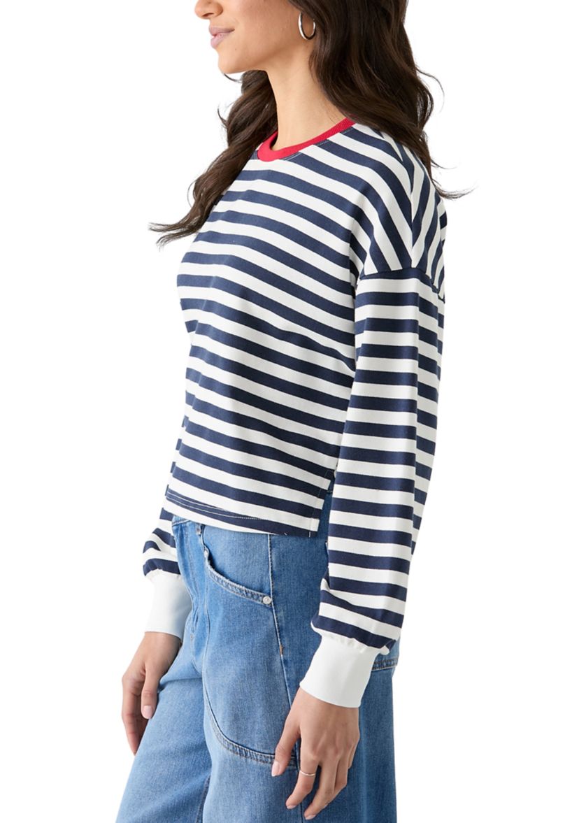 Womens Stripe Drop Shoulder Sleeve Crew Neck Sweatshirt