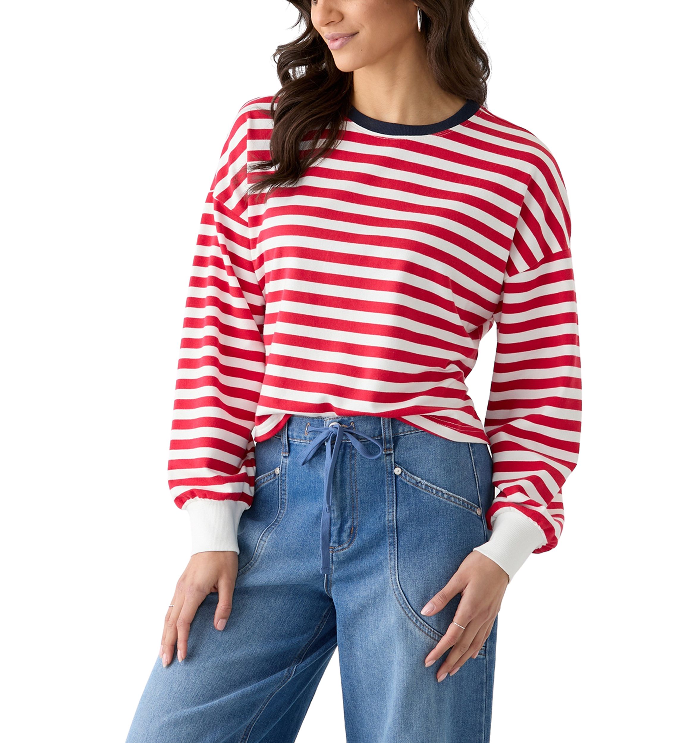 Womens Stripe Drop Shoulder Sleeve Crew Neck Sweatshirt