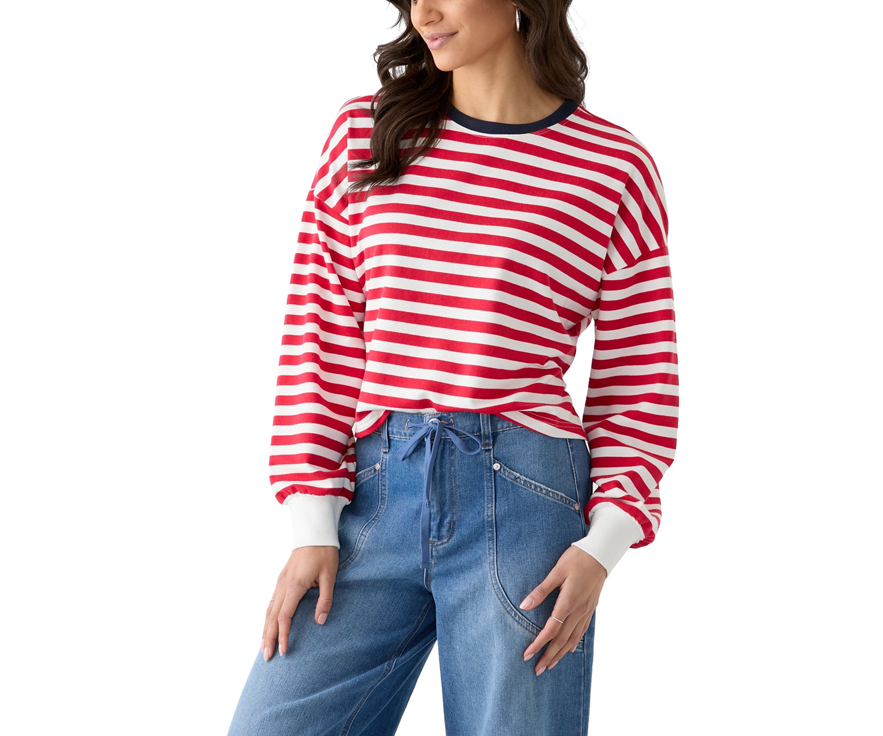 Womens Stripe Drop Shoulder Sleeve Crew Neck Sweatshirt