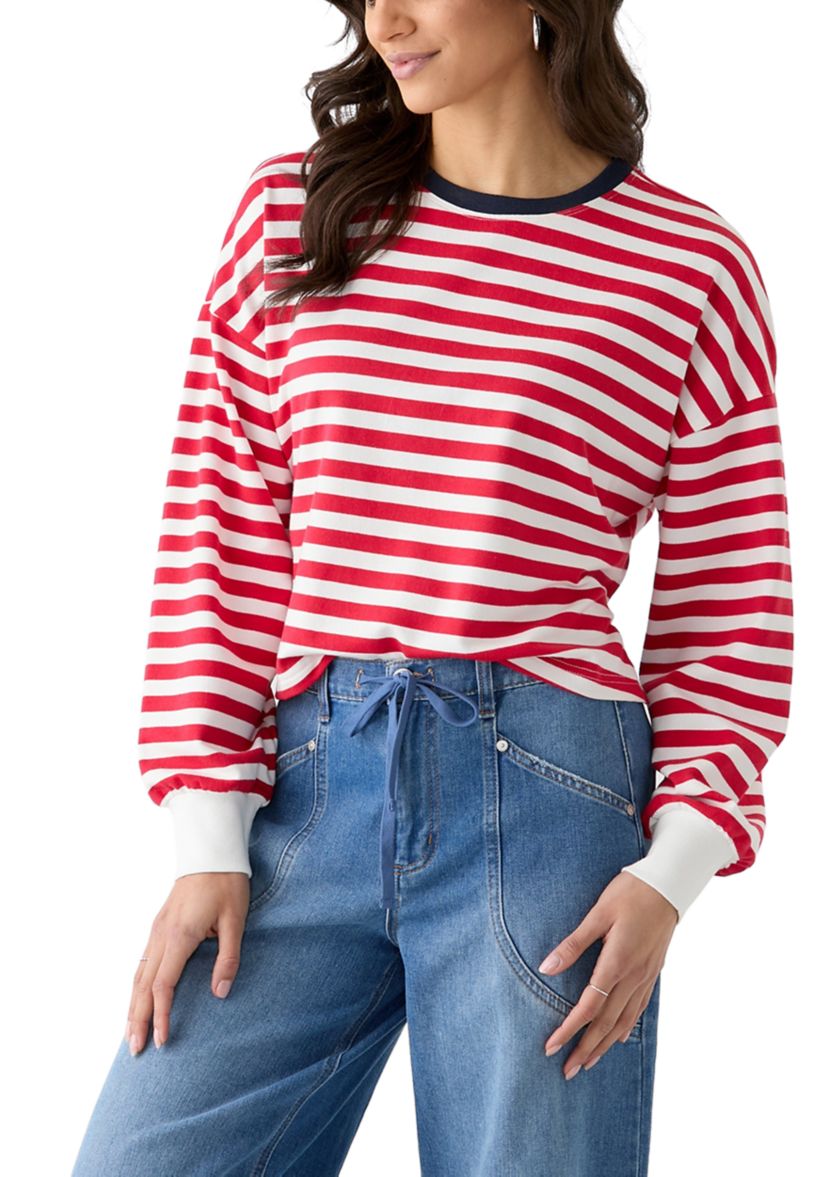 Womens Stripe Drop Shoulder Sleeve Crew Neck Sweatshirt
